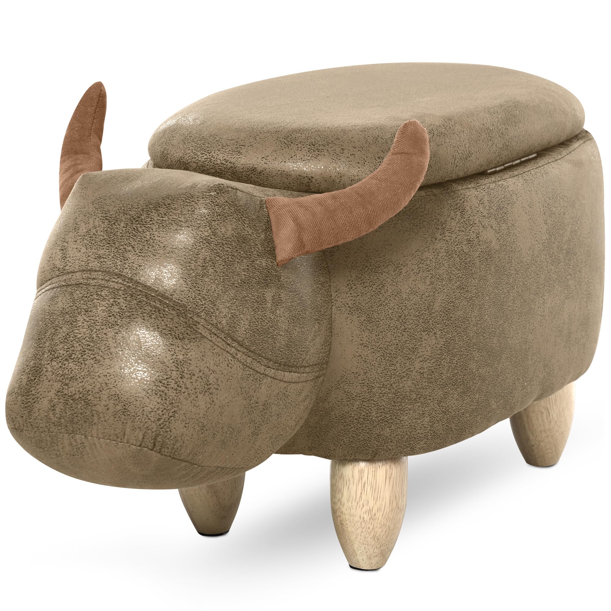 HOMCOM Hocker Kuh - Hocker Kuh - Hocker Stier Aufbewahrungsbox 2 in 1 - Beine Hevea-Holz synthetische Beschichtung Wildlederoptik gealtert Braun