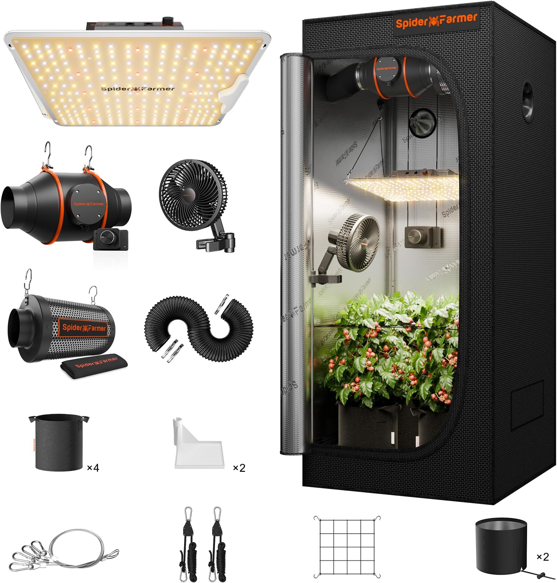 Spider Farmer New EVO Grow Tent Kit Complete 3x3x5 SF1000 Samsung LM301H EVO & Dimmable Grow Tent Complete System 2.3x2.3ft Growing Tent Kit Set 27"x27"x62" with 4 Inch Inline Fan Carbon Filter