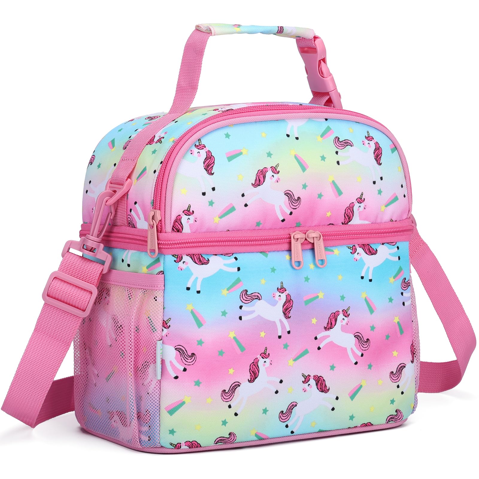 VASCHY Lunch Bag for Kids Insulated Lunch Box Double Compartments Cooler Lunch Tote for Toddlers Boys Girls School/Daycare/Picnic Rainbow Unicorn