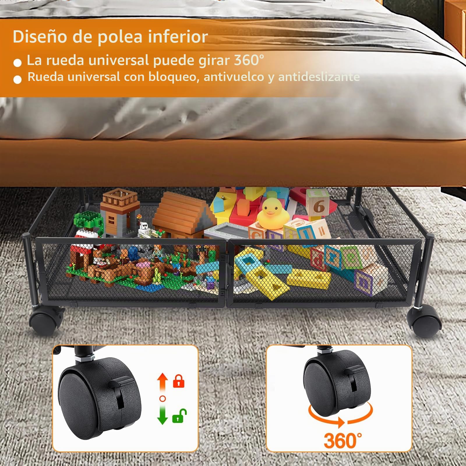 HUOLE 1/2 Piezas Caja de Almacenaje Multiusos con Ruedas para Debajo de la Cama, Estante Metálico Plegable para Ropa, Zapatos, Mantas, Juguetes, Libros (60 * 40 * 17cm-negro-1ud)