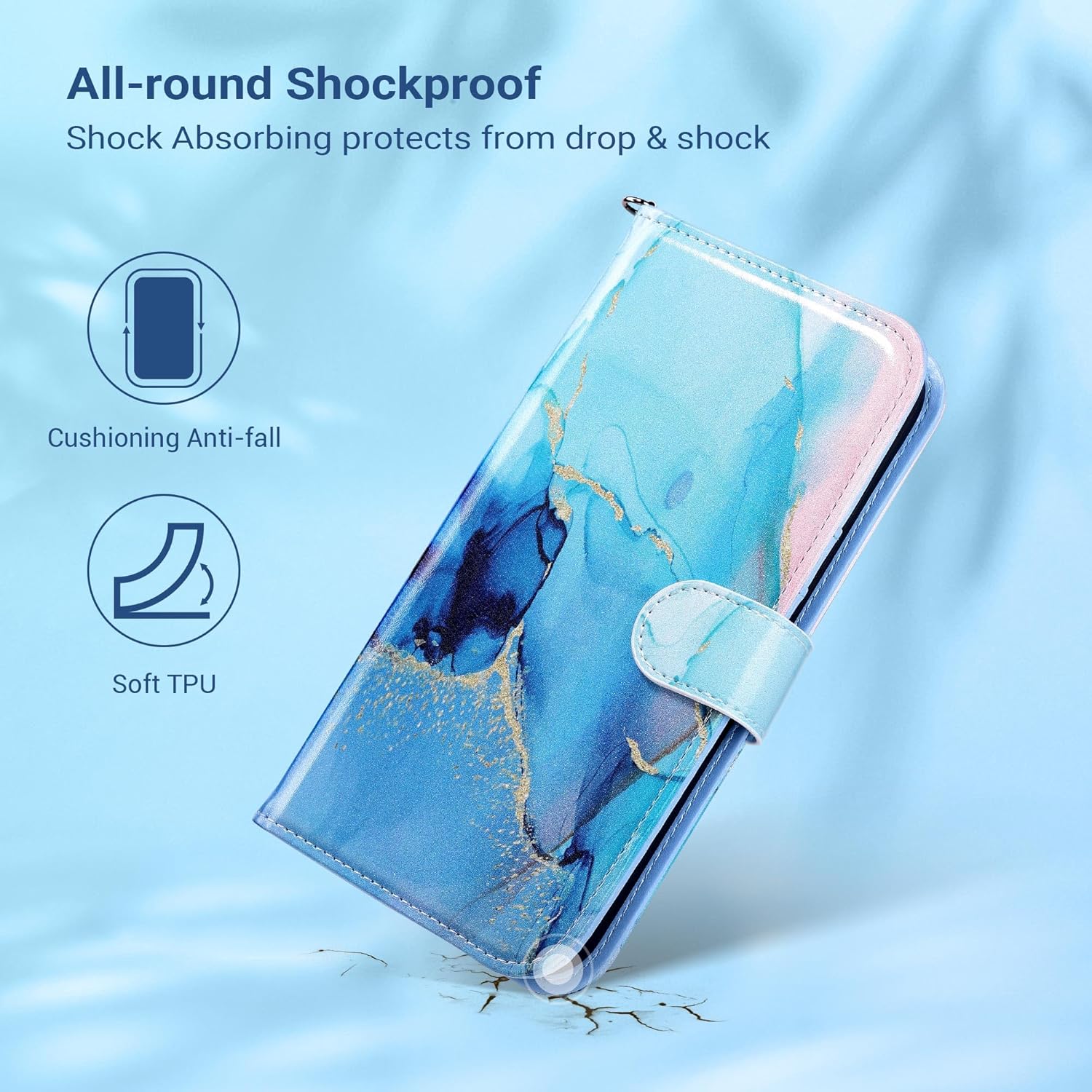 ULAK Compatible with iPhone 16 Wallet Case [RFID Blocking], Women PU Leather Shockproof Protective Folio Flip Cover with Card Holder Kickstand for iPhone16 6.1 inch, Marble Blue - Image 6
