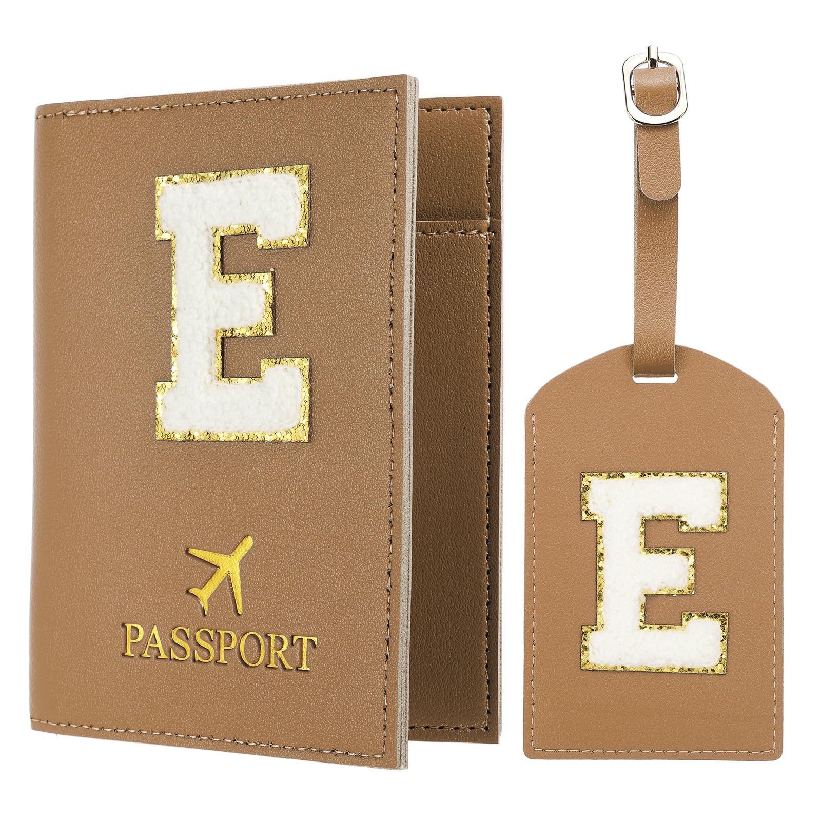 Passport Holder for Travel, Initial Passport Cover and Luggage Tag Set with Alphabet Chenille Letter Patch Travel Wallet Bag Suitcase Identifier for Women Family Travel Brown E, Brown, Modern-image-43