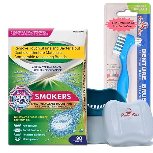 Polident - Paquete de 90 tabletas de limpieza para dentaduras postizas con estuche Dentu-Care para prótesis y cepillo para dentaduras postizas para
