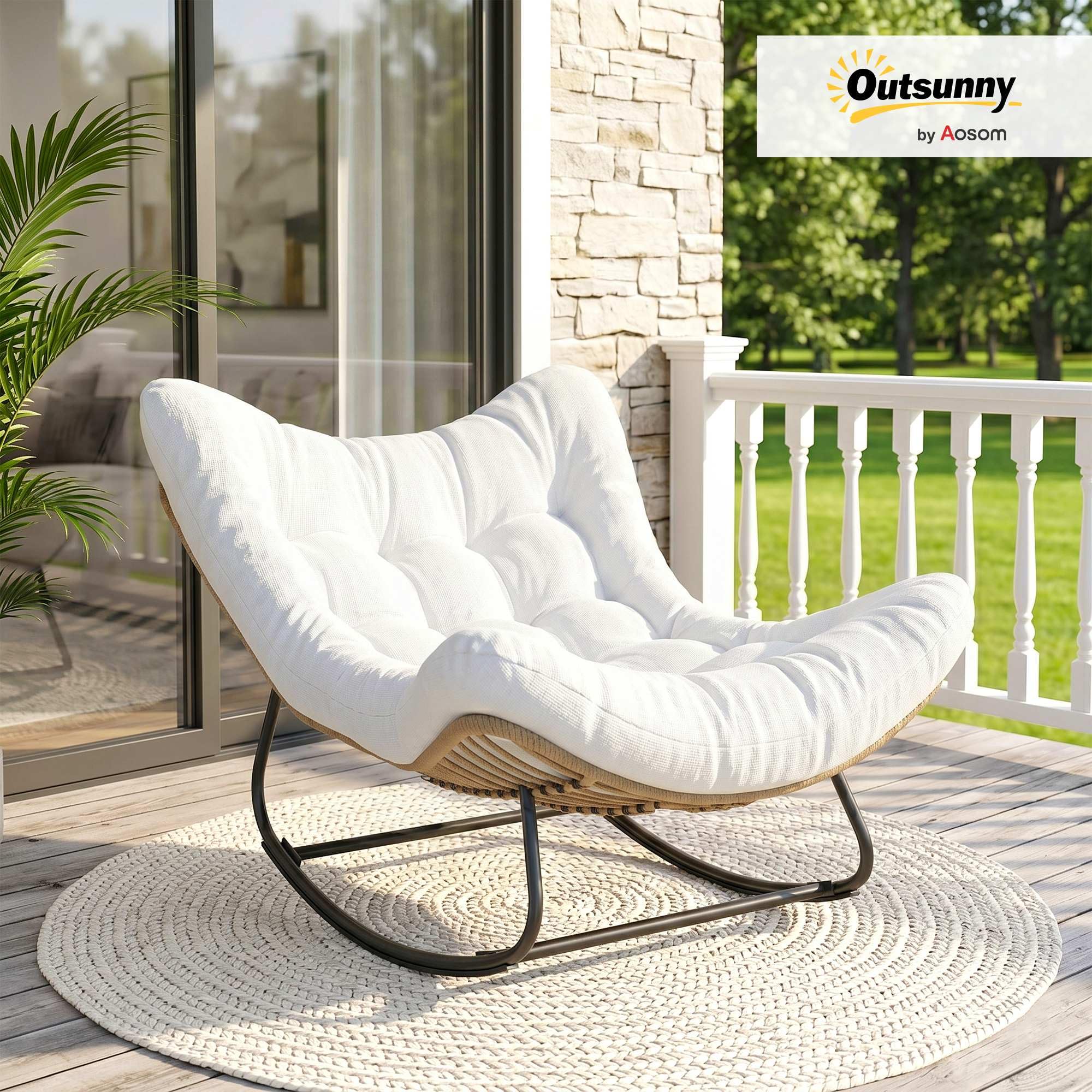 Outsunny - Silla mecedora de jardín con forma de huevo de resina trenzada, con cojín acolchado para jardín, dormitorio, sala de estar, crema