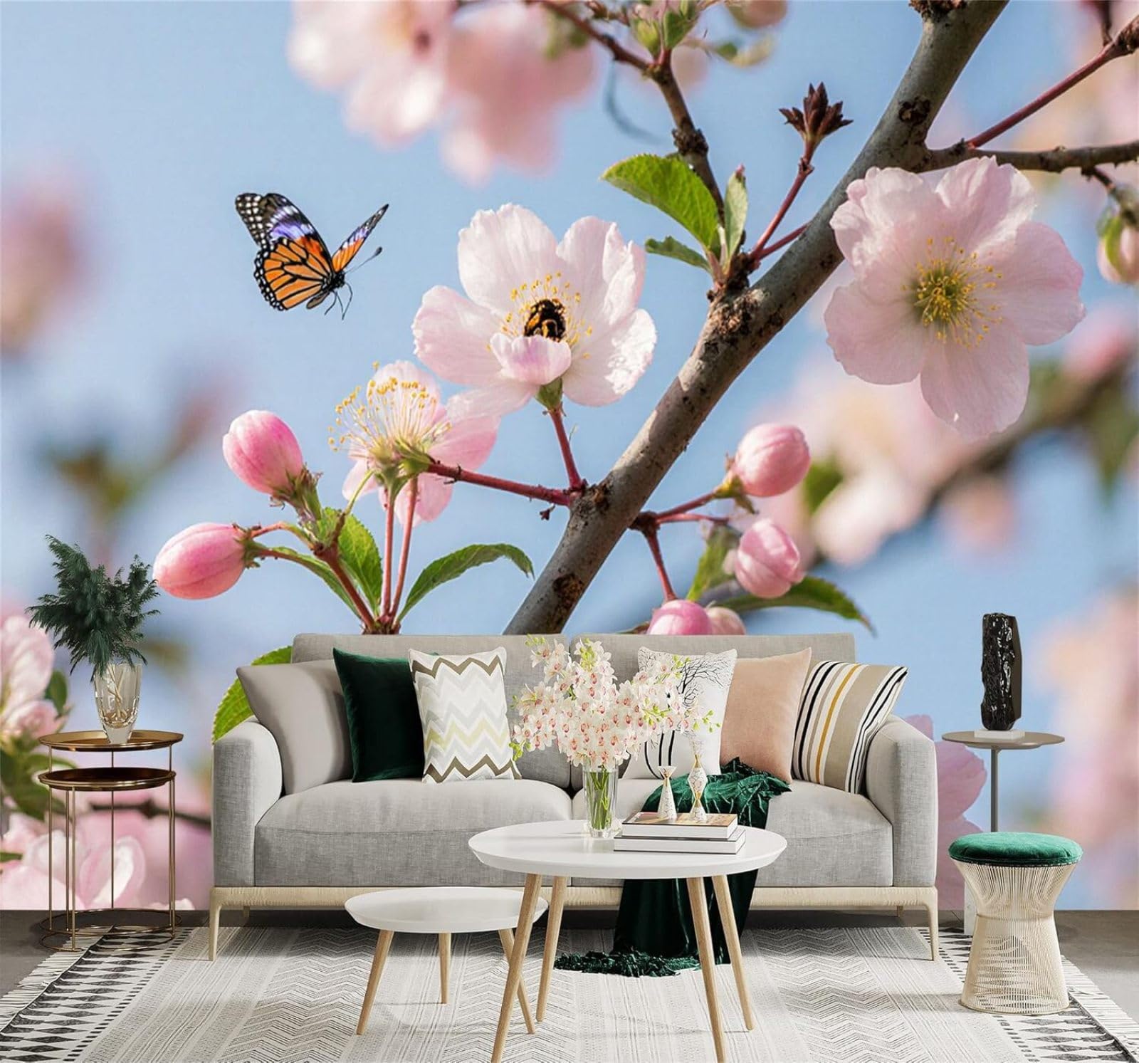 XLMING Pink Cherry Blossoms Branches Blue Sky Butterflies Bees 3D Wallpaper Premium Textured Silk Study Dining Living Room Bedroom Sofa TV Wall Easy Install-250cm×170cm