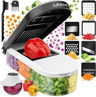 Fullstar 6-in-1 Mandoline Slicer Vegetable Chopper with Container - Sharp Stainless Blades for Potatoes Onions Fruits Veggies (White/Black)