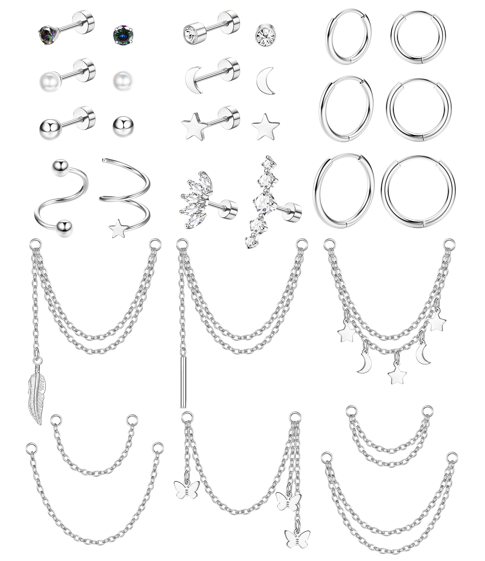JeryWe 20G Juego de Pendientes de Cartílago para Mujer Pendientes de aro de acero inoxidable con cadena colgante Pendientes Helix Tragus Piercing Estrella Luna Mariposa CZ Pendientes Joyería