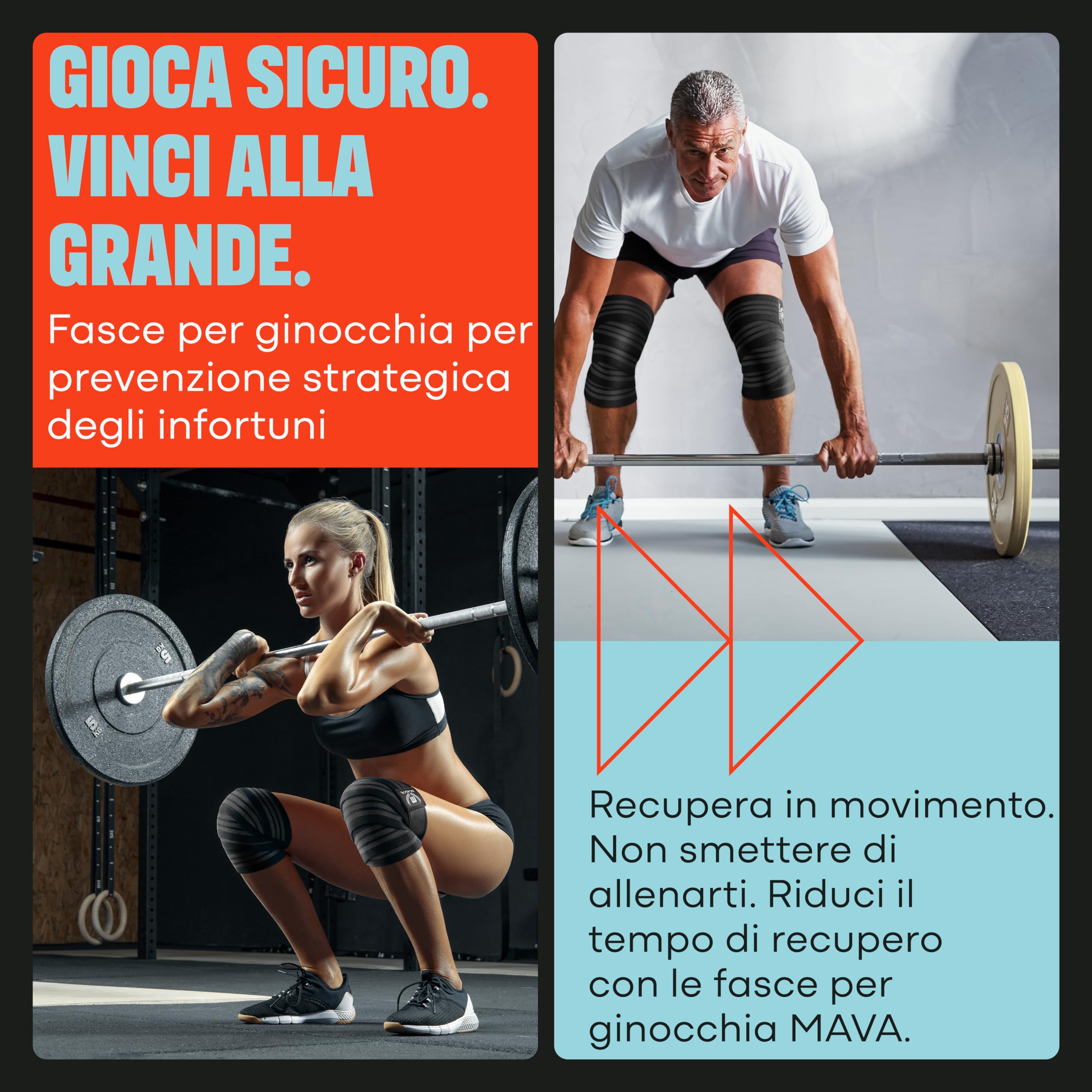 Mava Fasce per Ginocchia (Coppia) per Uomini e Donne - Ginocchiera Sportiva ed Elastica per Palestra - Compressione da 183 cm
