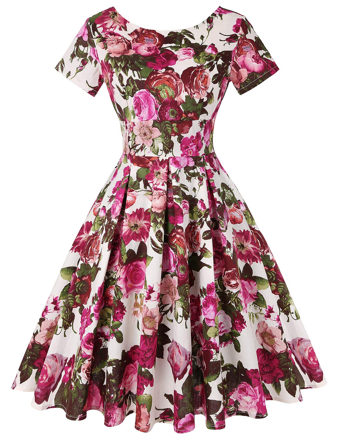 MINTLIMIT Women's Audrey Hepburn Short Sleeve Vintage Style Rockabilly Swing Dress (Floral Fuchsia,Size S)