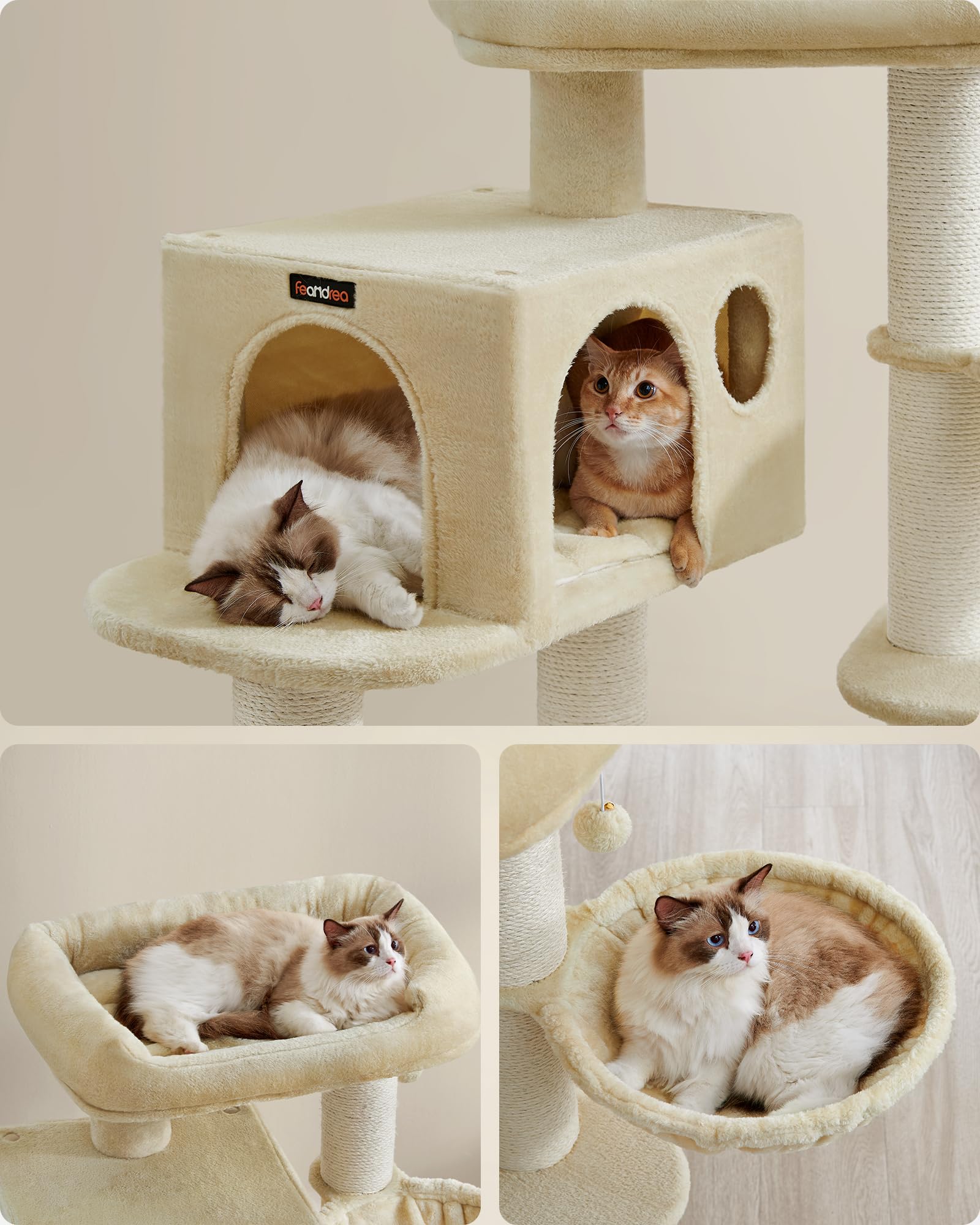 FEANDREA Árbol para Gatos, con Plataforma de Observación XXL, Tumbona de la Cesta y Cueva Grande, Postes Gruesos Envueltos en Sisal, Estable, Beige PCT01M