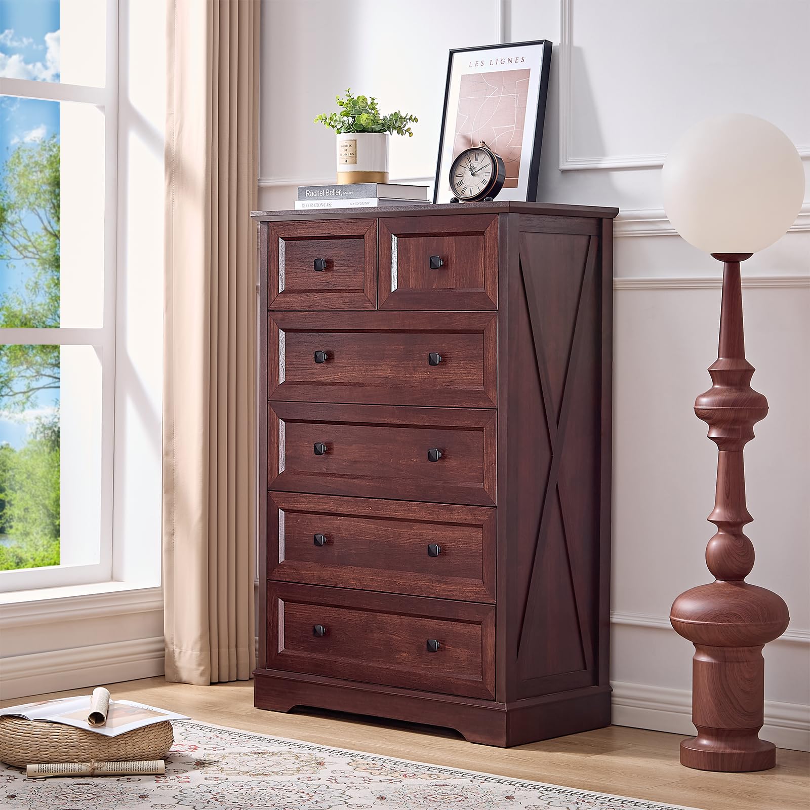 NONGSHIM Farmhouse Dresser for Bedroom with 6 Deep Drawers, Modern Dresser Tall 6 Chest of Drawers, Dark Cherry Red Wood Storage Organizer Dressers,