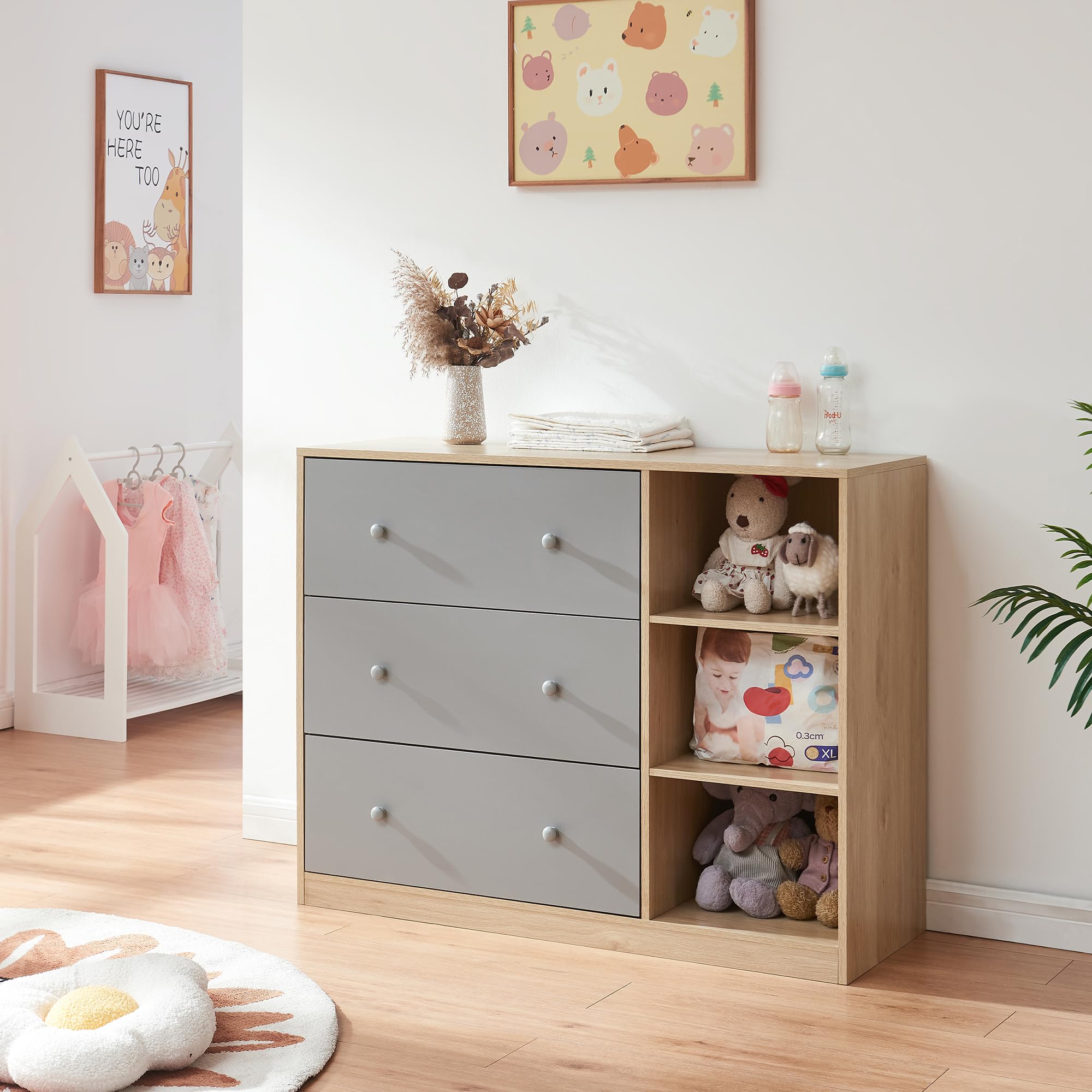 [en.casa] Mueble Cambiador Bebé Beldinupp 2 en 1 Cómoda con Cambiador Bebé con 3 Cajones y 3 Compartimentos Abiertos Moderno 93 x 110 x 55 cm - Efecto roble/Gris