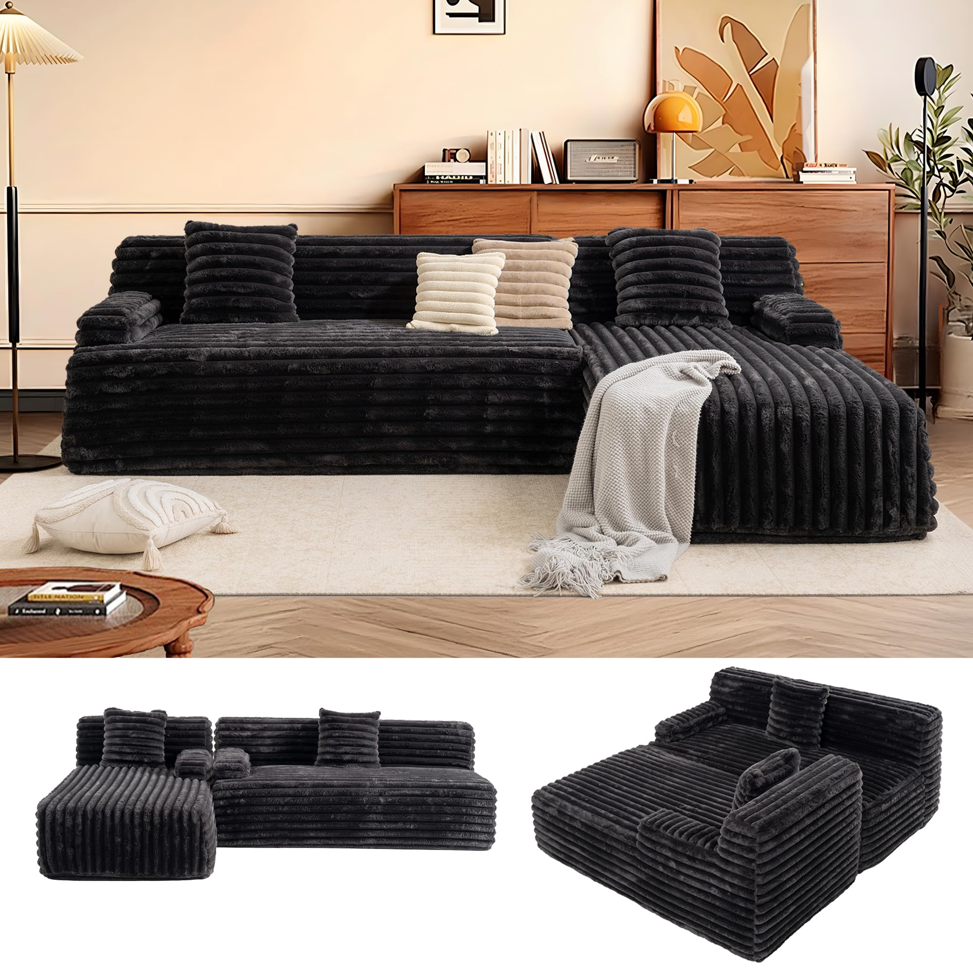 110'' Cloud Sectional Boneless Couch, Corduroy Deep Seat Convertible Sleeper Sofa Bed, Memory Foam Upholstered Sectional Couches for Living Room, No