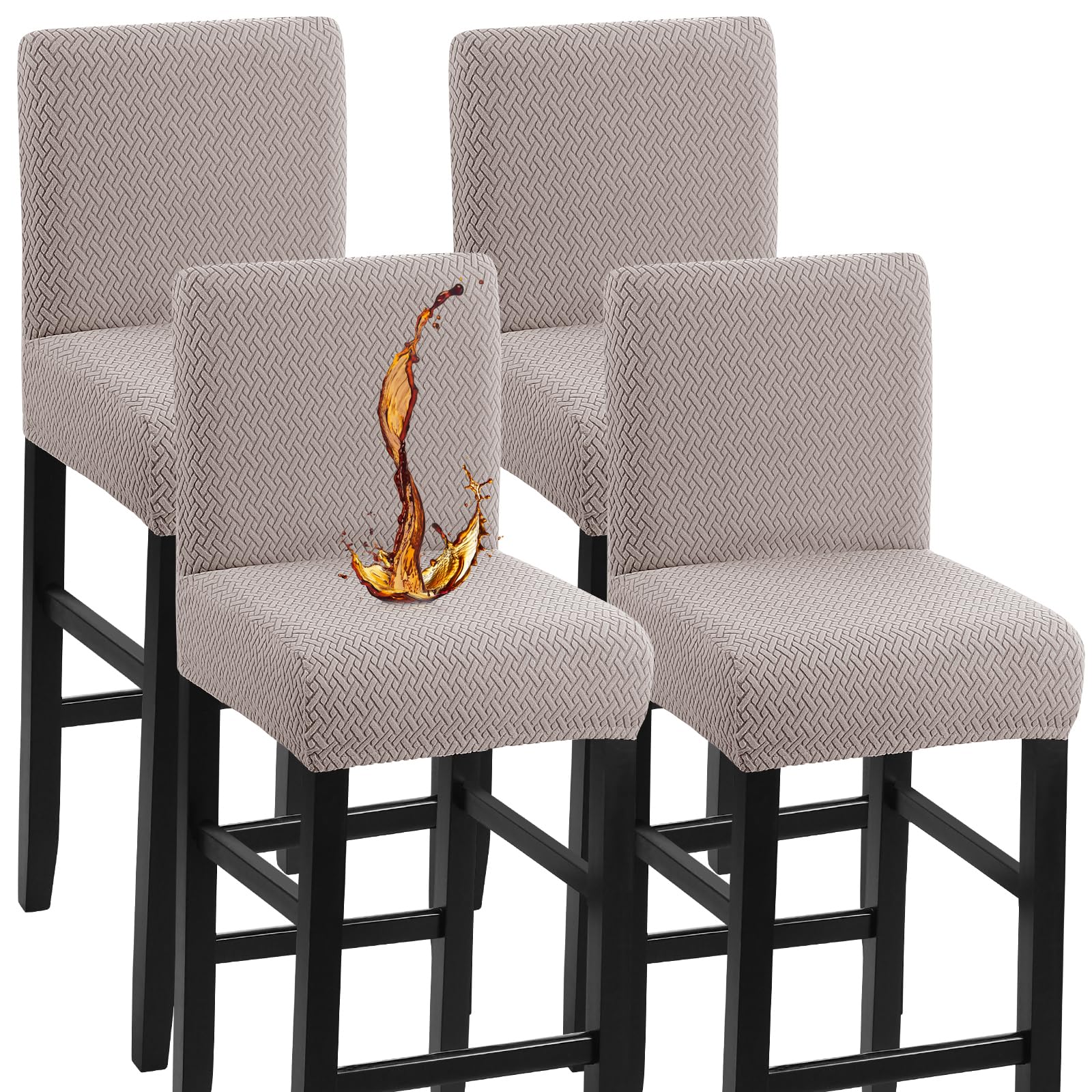 YISUN Bar Stool Covers Waterproof, Set of 4 Khaki Bar Chair Covers with Back, Removable Washable Seat Covers for Short Rotating Dining Back Chair