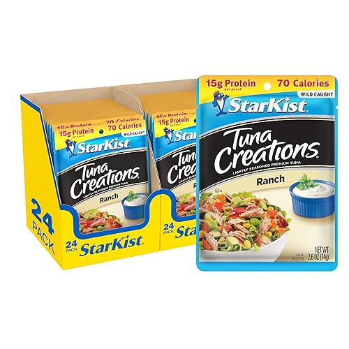 StarKist Tuna Creations Ranch, 2.6 oz Pouch (24 Pack) Ready to Eat Wild Caught Tuna, 15g Protein, 70 Calories Per Serving, Gluten Free, Soy Free, Kosher, Perfect for Salads, Keto Meals and Snacks - Ranch - 2.6 Ounce (Pack of 24)