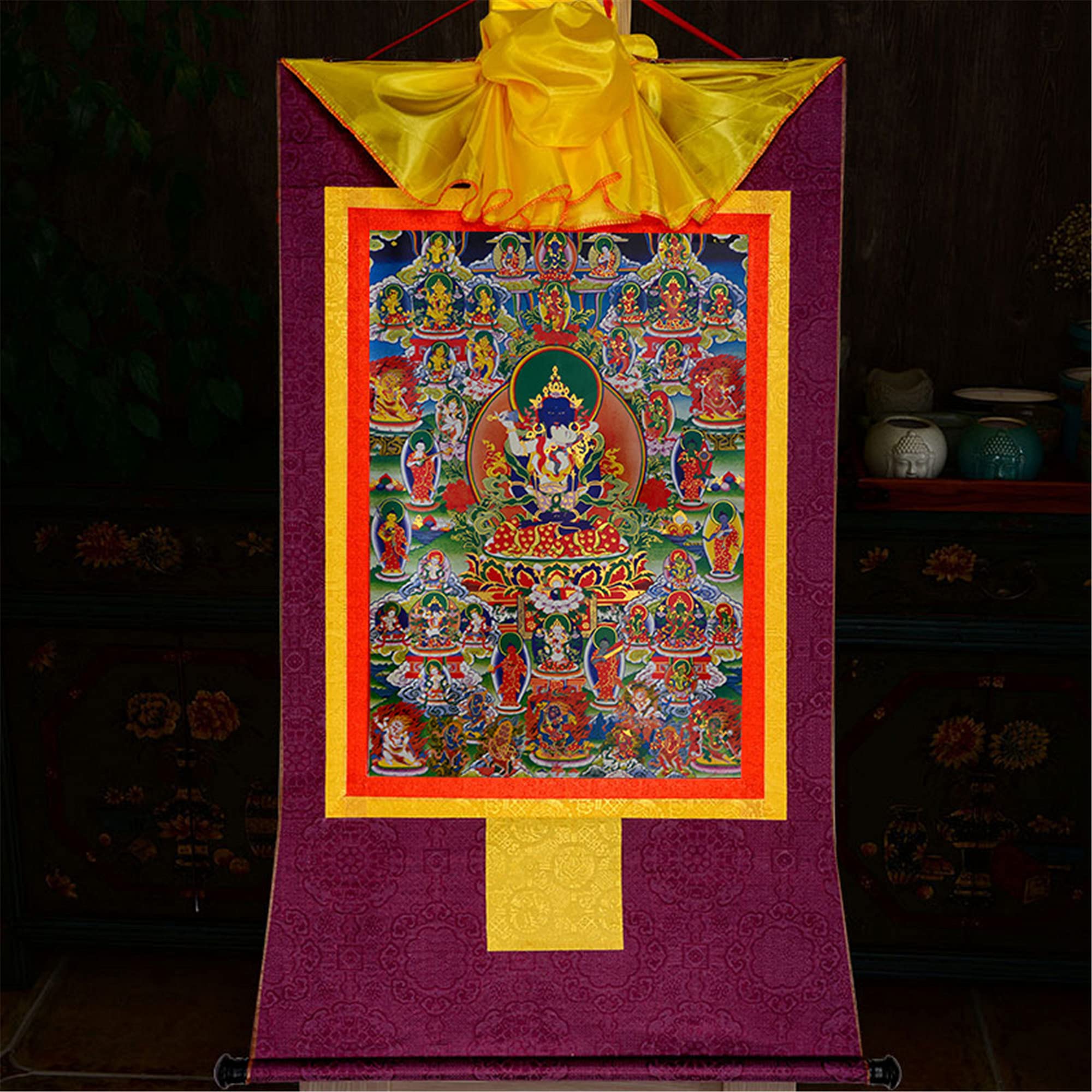 Tibetisches Thangka, Thangka-Malerei, buddhistischer Wandteppich, 42 stille Gottheiten des Bardo Thodol (Tibetisches Totenbuch), Malereikunst, buddhistischer Thangka-Brokat, Buddha-Wandteppich(Purple,