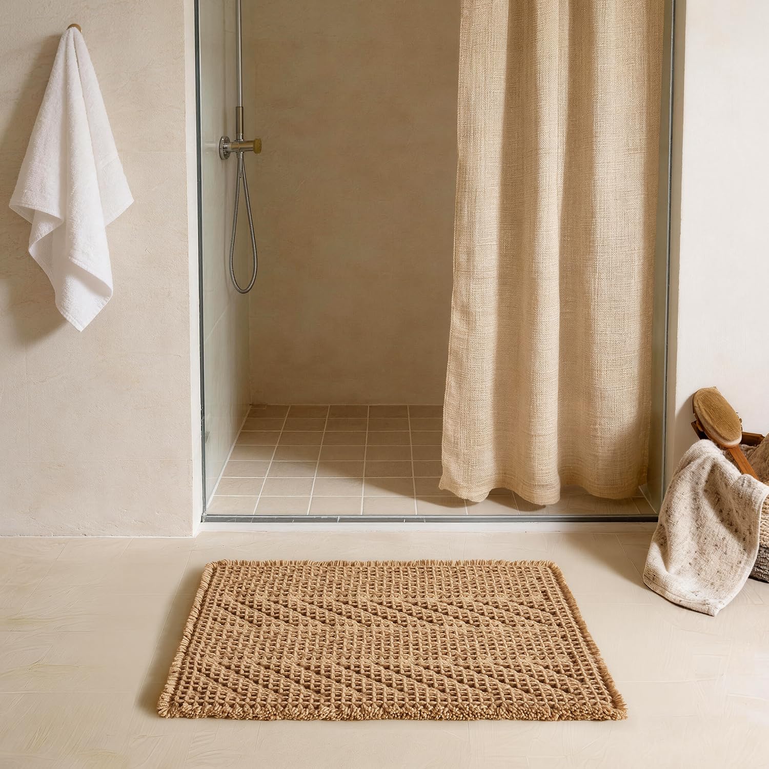 Sunfly Boho Bathroom Rug, Herringbone Waffle Bath Mat Non-Slip Washable Super Absorbent Quick Dry, Farmhouse Bath Mat for Bathroom Floor Decor 16"*24"