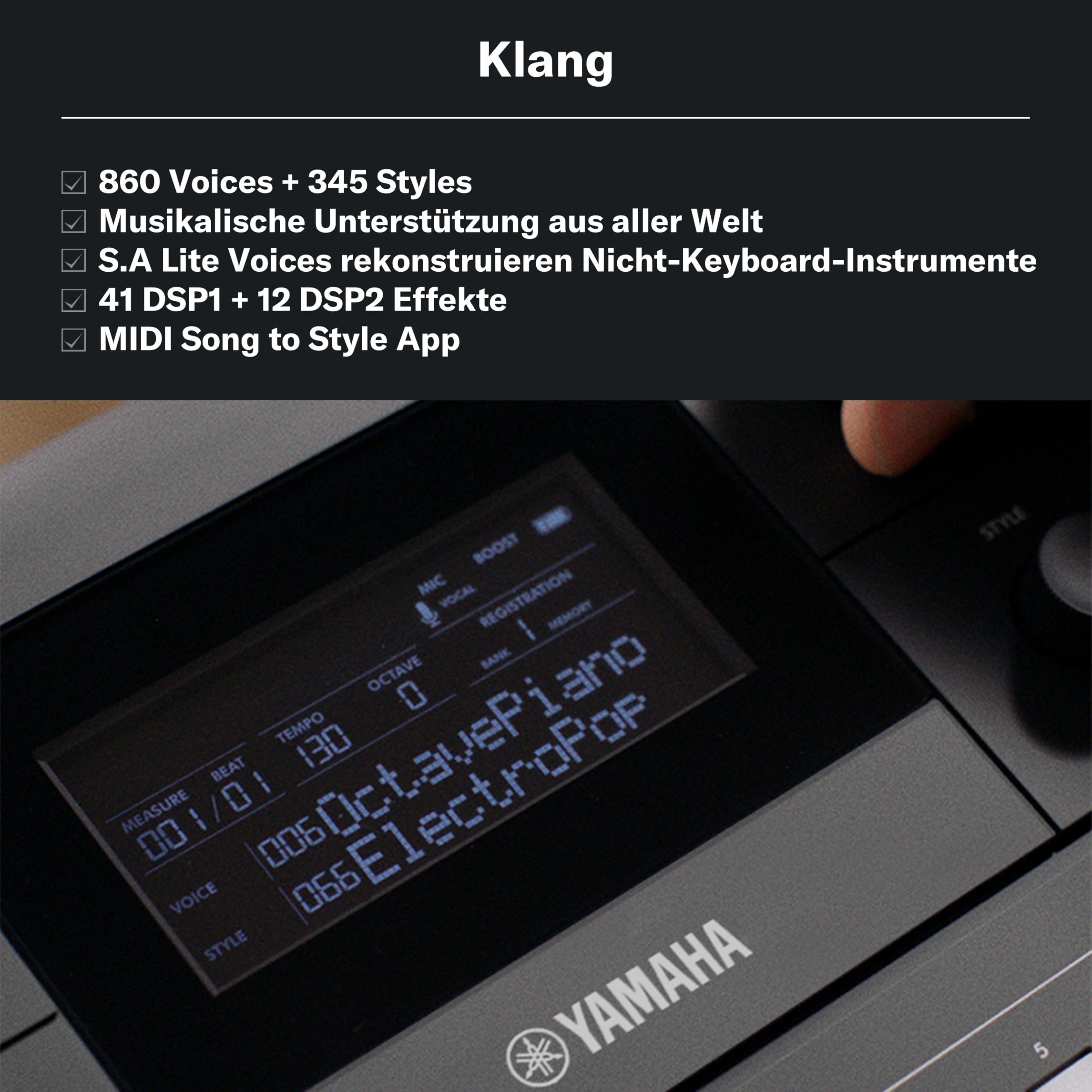 YAMAHA PSR-E483 Keyboard – Modernes Tragbares Keyboard mit 61 anschlagdynamischen Tasten, 860 Voices, 15 Super Articulation Lite Voices, 345 Styles, leistungsstarken Lautsprechern und USB-C – Schwarz