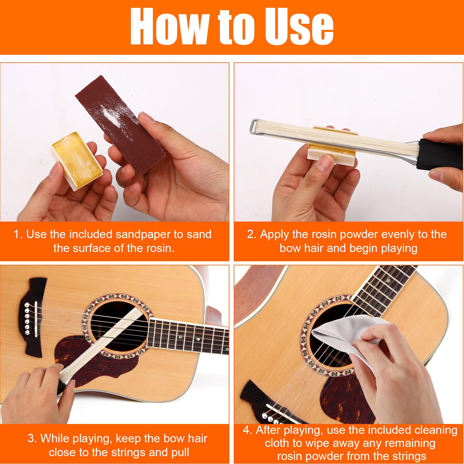 BOXOB Kit Archetto Chitarra 2 in 1, Suonare su Entrambi i Lati Archetto per Chitarra Acustica con Colofonia Carta Vetrata Panno e Borsa Portaoggetti Strumenti Creativi per Strumenti Acustici a Corde