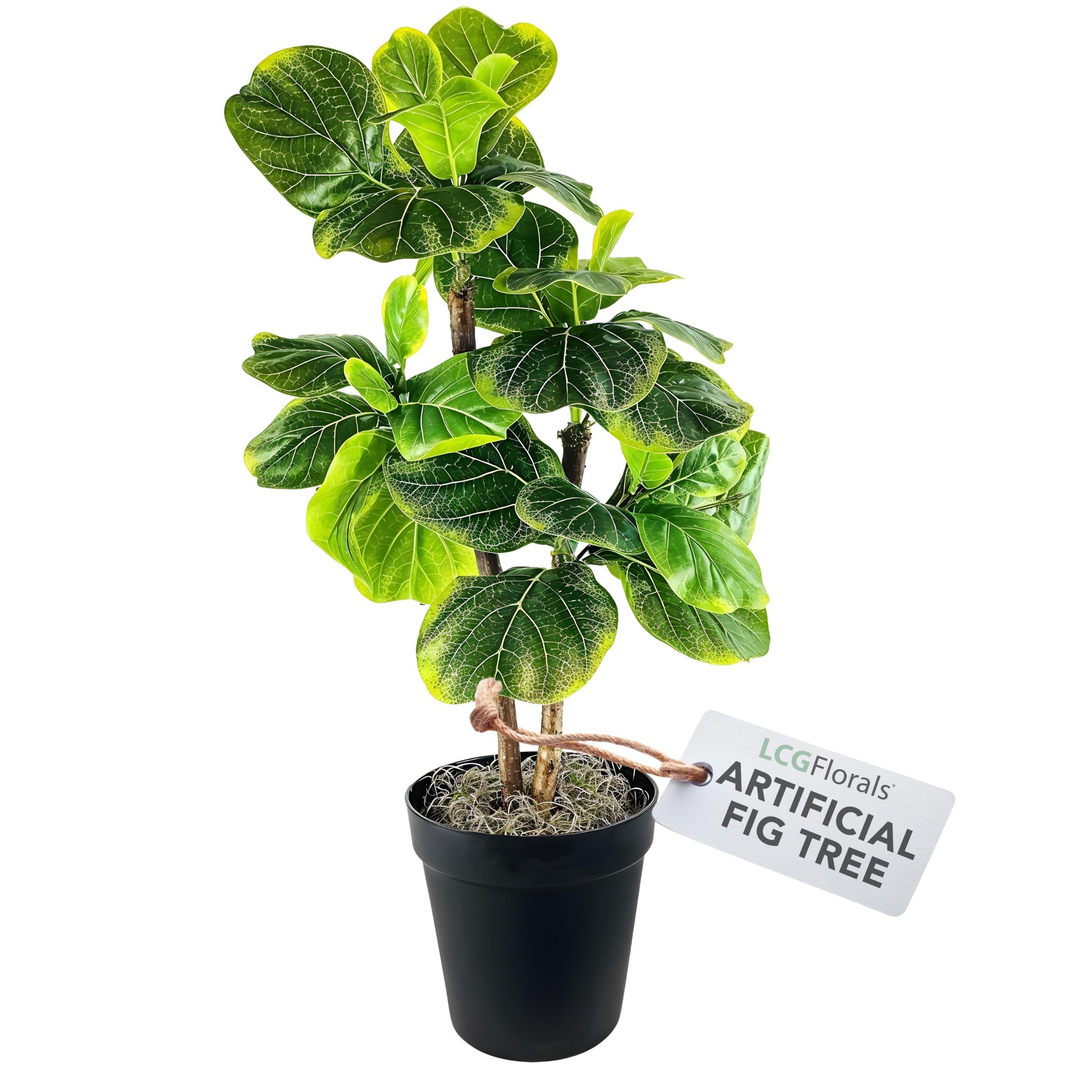 LCG Florals 3.2ft Artificial Fiddle Leaf Fig Tree - Real Wood Trunk, Preassembled, No Maintenance Indoor Faux Plant in Black Pot - Living Room, Home &