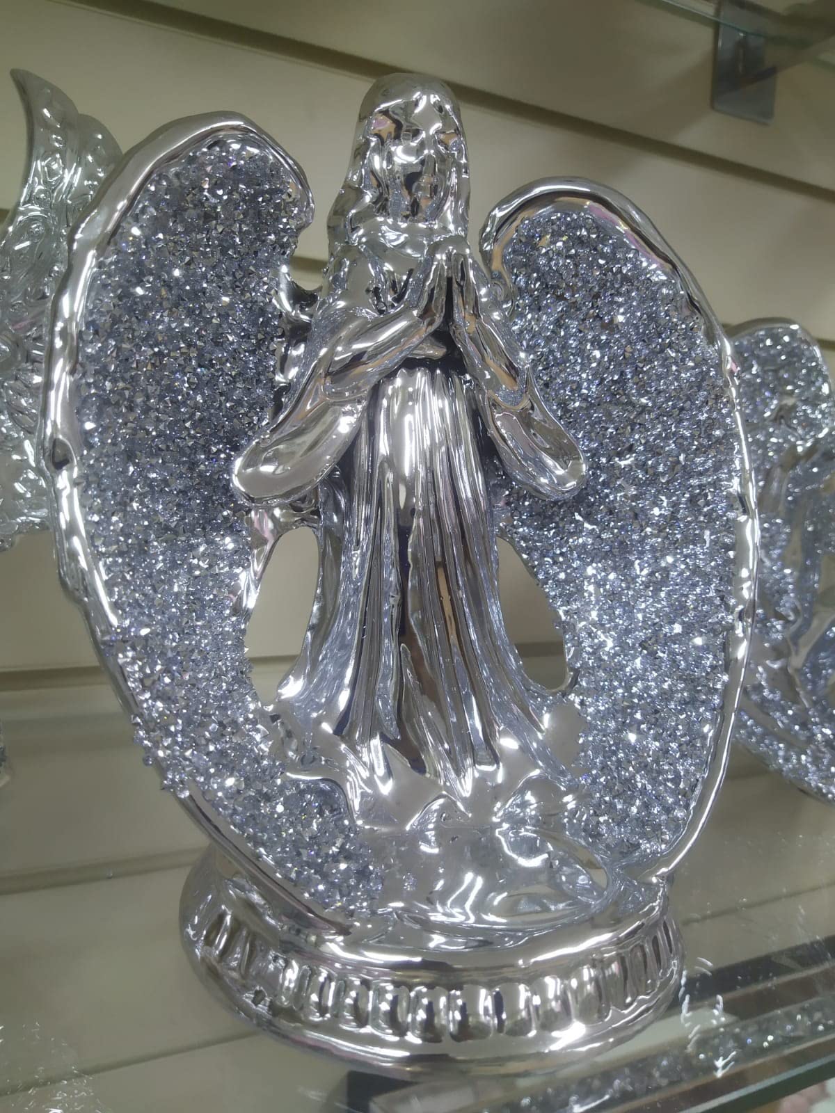Biznest Crushed Crystal Diamond Silver Angel With Long Wings Ornament Shelf Sitter