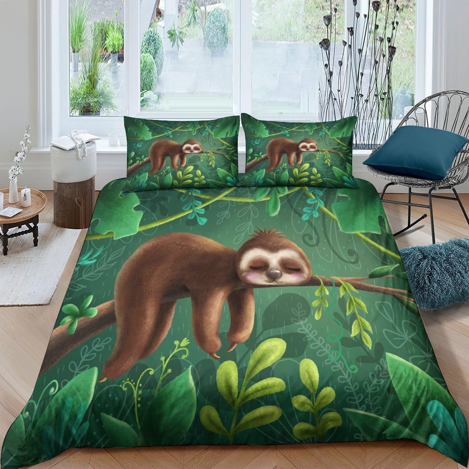Ctjqhvkz Style-5 3D Printed Sloth Jungle Fitted Sheet Microfiber Soft Green Leaves Mattress Cover For Bedroom Guest Room Decor Single（135X200cm）
