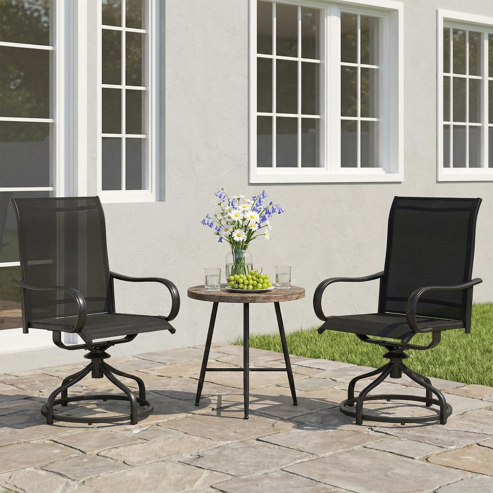 LIFERUN Gartenstühle 360° drehbar, 2er Set Drehstühle, Terrassenstühle Metall, Wetterfeste Rostbeständig, Balkonstühle mit Hochlehner, bis 150 kg belastbar, Für Terrasse Balkon Bistrot, Schwarz, 2 PCS