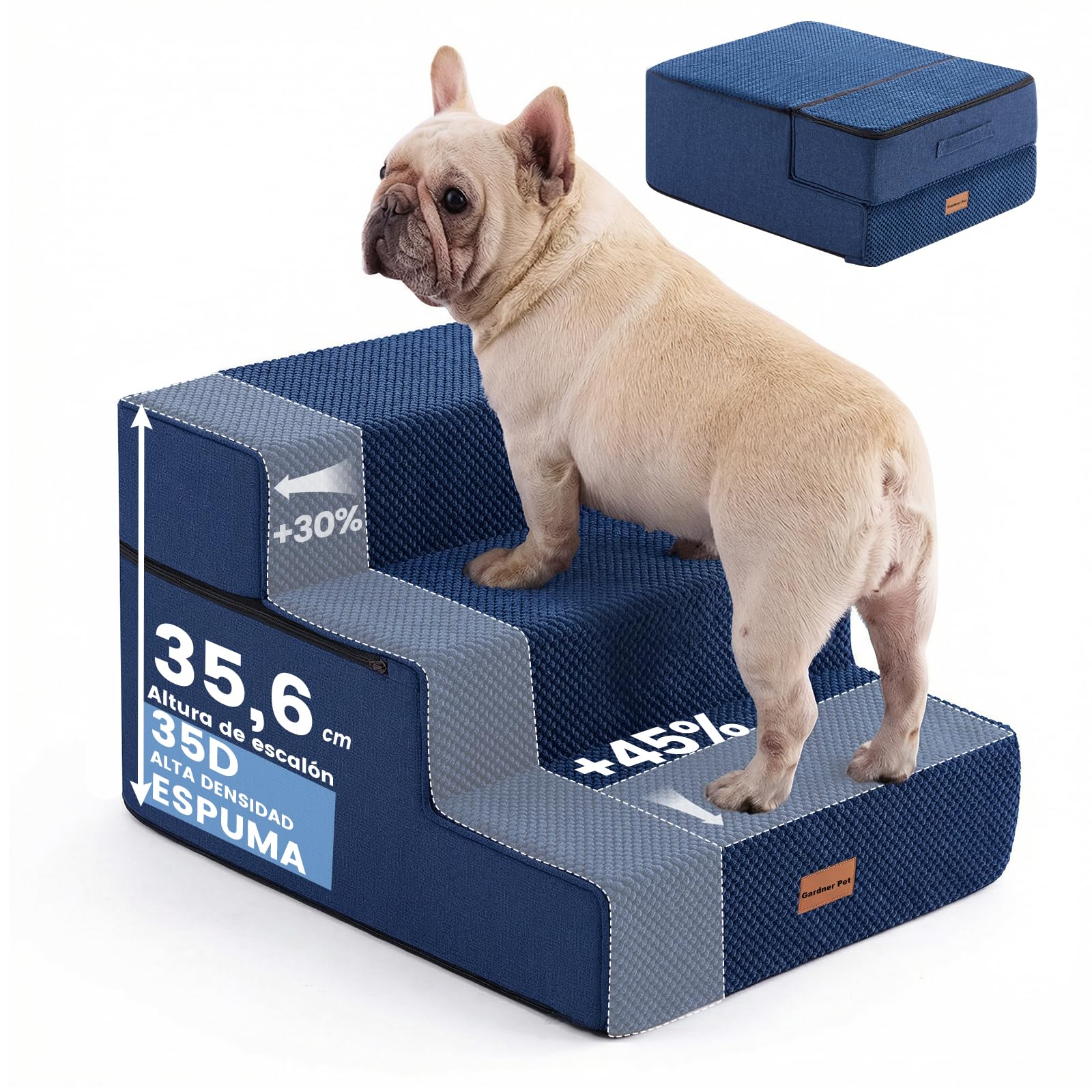Gardner Pet Escalera para Perros Altura de 35 cm, 3 Niveles-Azul | Espuma de Alta Densidad, Funda Extraíble, Antideslizante, Facilita Acceso a Sofás y Camas