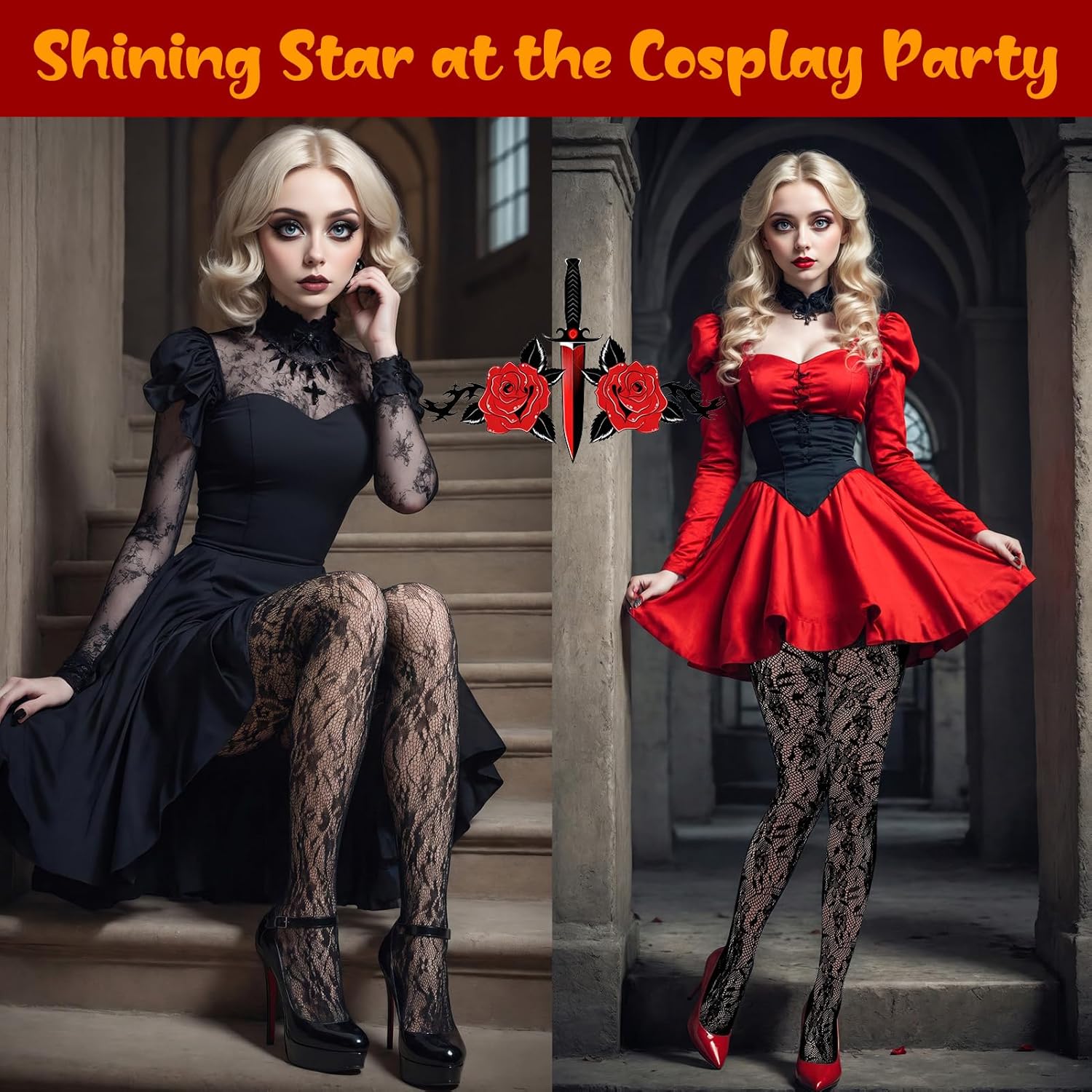 6 Pairs Fishnet Stockings for Women Black Tights High Stockings Stars Floral Fishnet Leggings Pantyhose for Women - Image 5