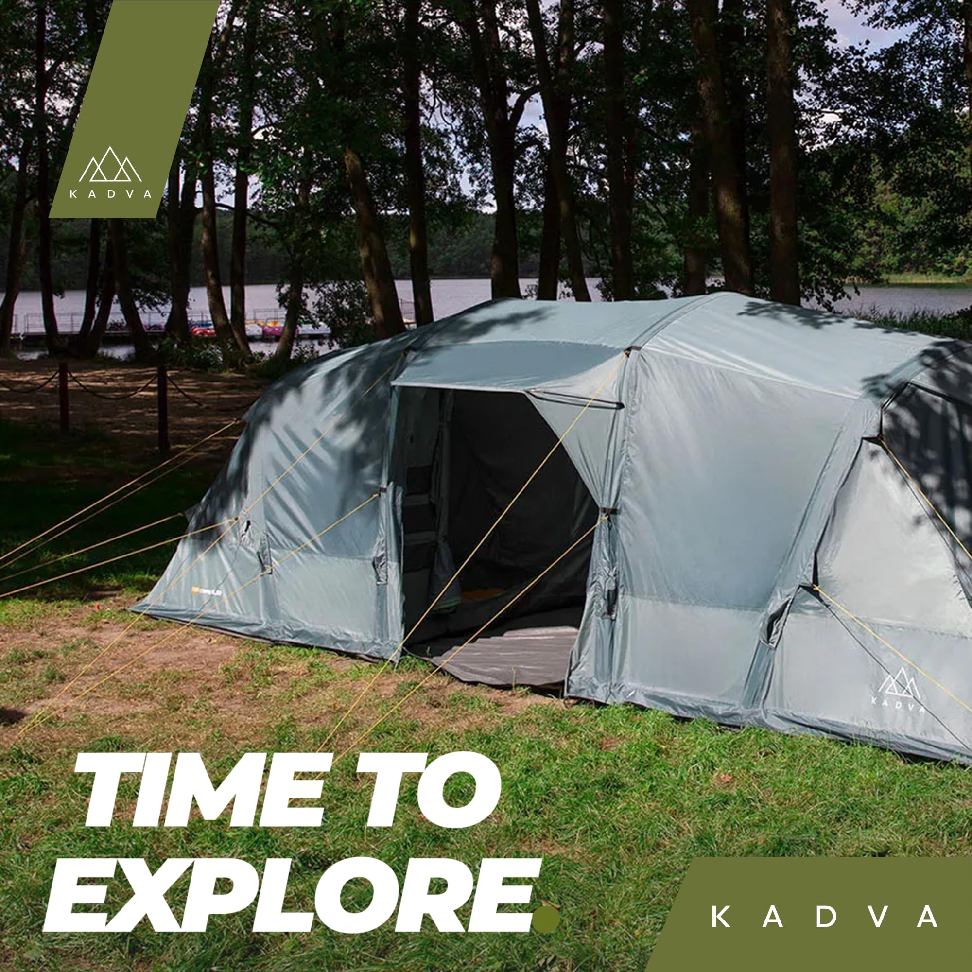 KADVA Namiot kempingowy Aircamp dla 6,33 osób, z pompką, konstrukcja tunelowa, 590 x 205 x 195 cm, wodoszczelność 3000 mm, przestronny daszek nad wejściem, duża powierzchnia do spania, kolor zielony | Wodoodporny, poliester, wymiary 205 x 230 cm, waga 17