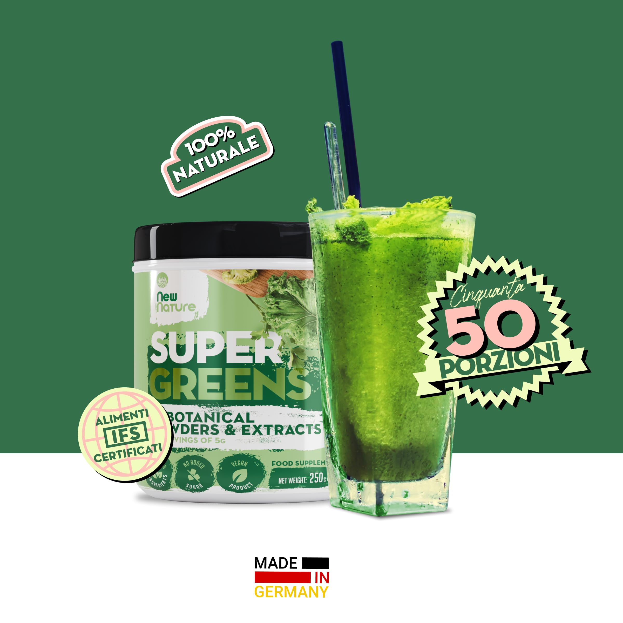 New Nature Super Greens in Polvere - 250g (50 Dosi) - 15 Superfood - Spirulina, Clorella, Tè Verde - Vegan, Senza Zuccheri, Made in Germany
