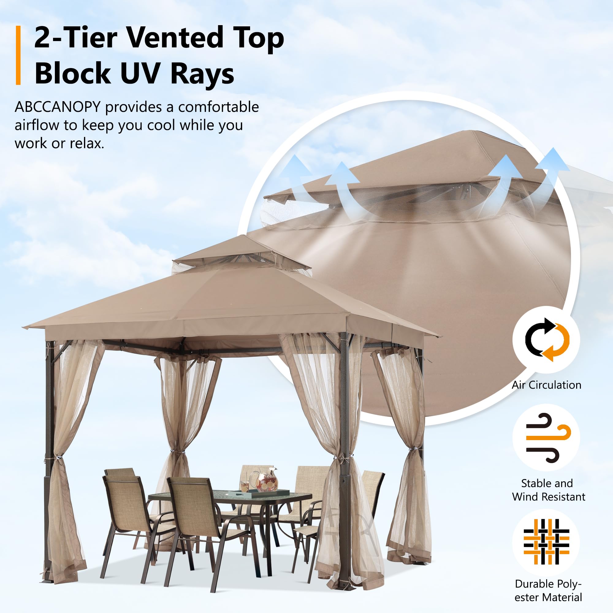 ABCCANOPY Tonnelle de terrasse robuste 2,4 x 2,4 m avec moustiquaire
