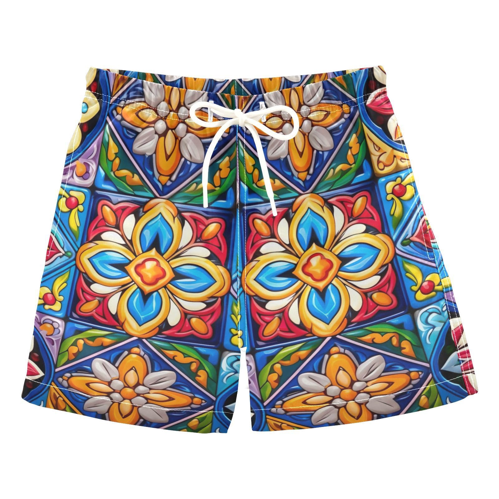 FLildon Mexican Ceramic Tile Little Boys Swim Trunks with Mesh Lining Quick Dry Beach Board Shorts, 3T