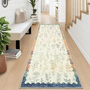 GarveeHome Washable 2x6 Runner Rugs for Bathroom Floral Kitchen Rug Neutral Scalloped Carpet, Non-Slip Hallway Rug Stain Resistant Modern Low-Pile Carpet for Laundry Bedside Entryway(2x6ft)