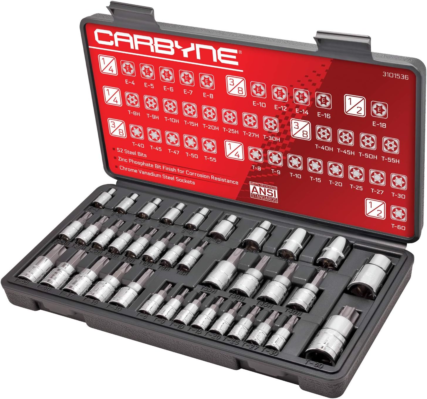 CARBYNE 36-Piece Torx Bit Socket & E-Socket Set | Includes T8-T60, Tamper (Security) T8H/TT8 - T55H/TT55, External (e-Torx) E4-E18, S2 Steel Bits, CrV Sockets, Durable Case