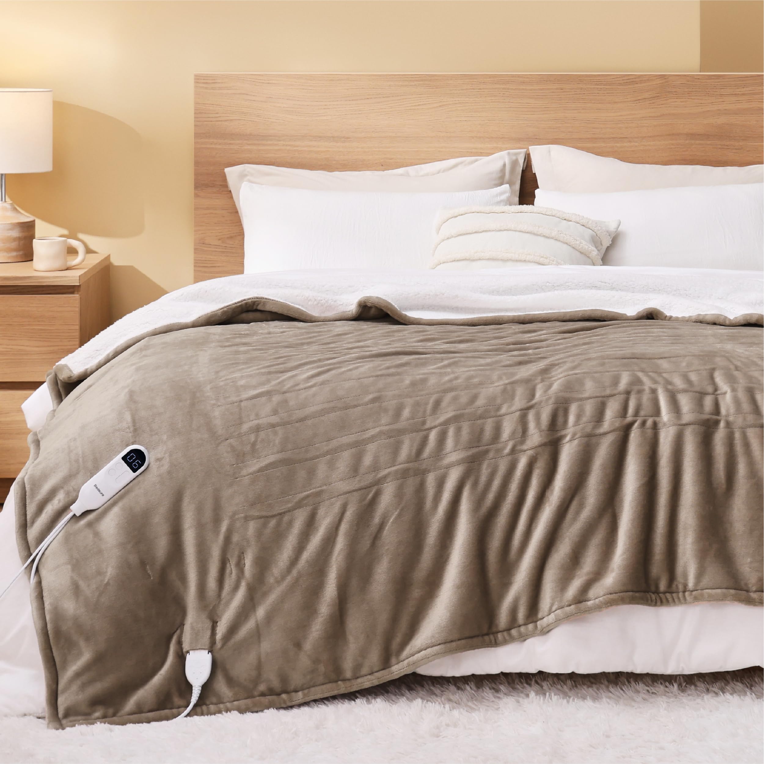 BEDSURE Koc grzewczy z automatycznym wyłączaniem, 180 x 200 cm, koc termiczny z 6 stopniami ogrzewania i 10-godzinnym timerem, ochrona przed przegrzaniem do 8 godzin, elektryczny koc do domu i biura