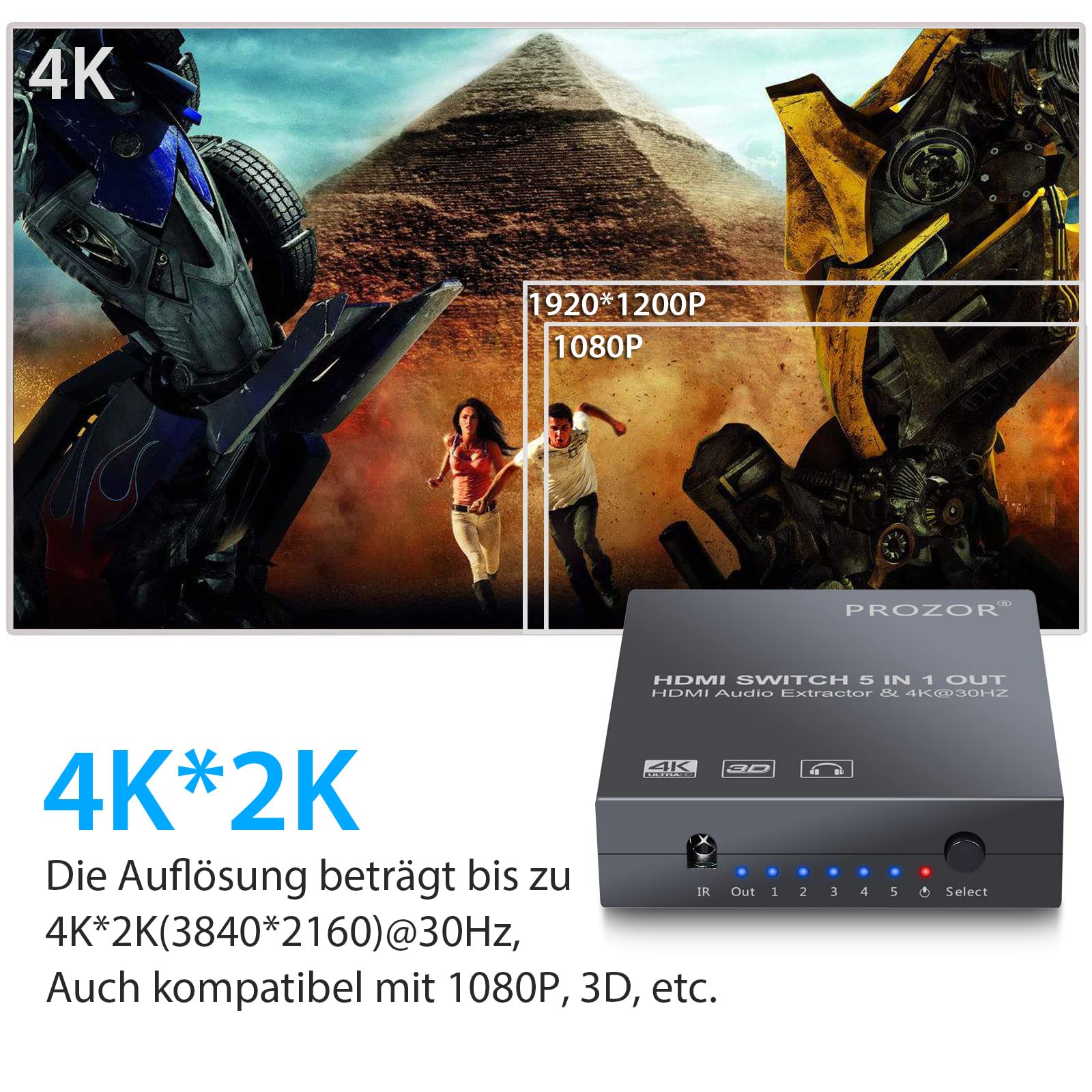 PROZOR HDMI Switch Audio Konverter 4K 3D Umschalter mit Audio Extraktor 5x1 mit IR-Fernbedienung 3 Fuß HDMI 1.4-Kabel