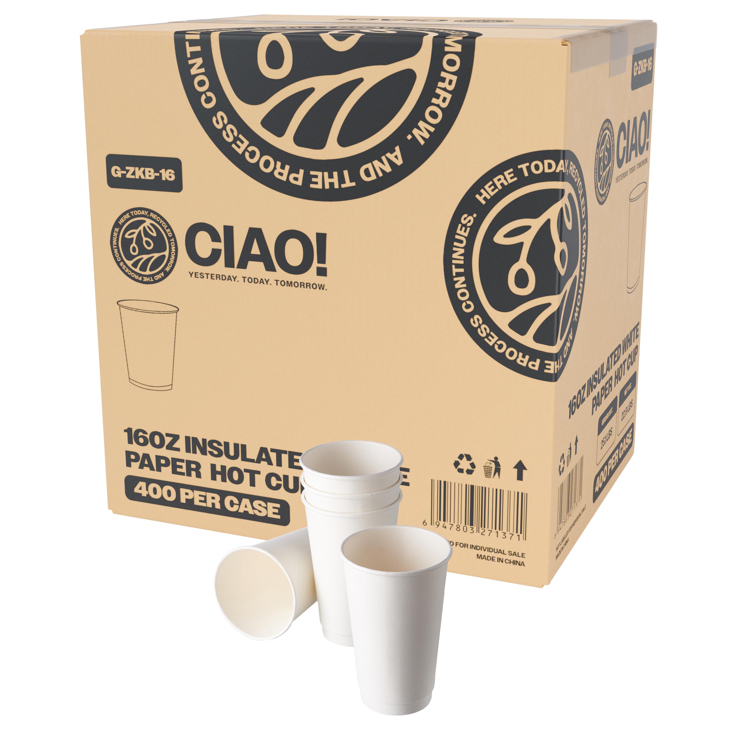 CIAO! 16 oz Insulated Double Wall White Paper Hot Cup, 90mm Diameter, 400 Count