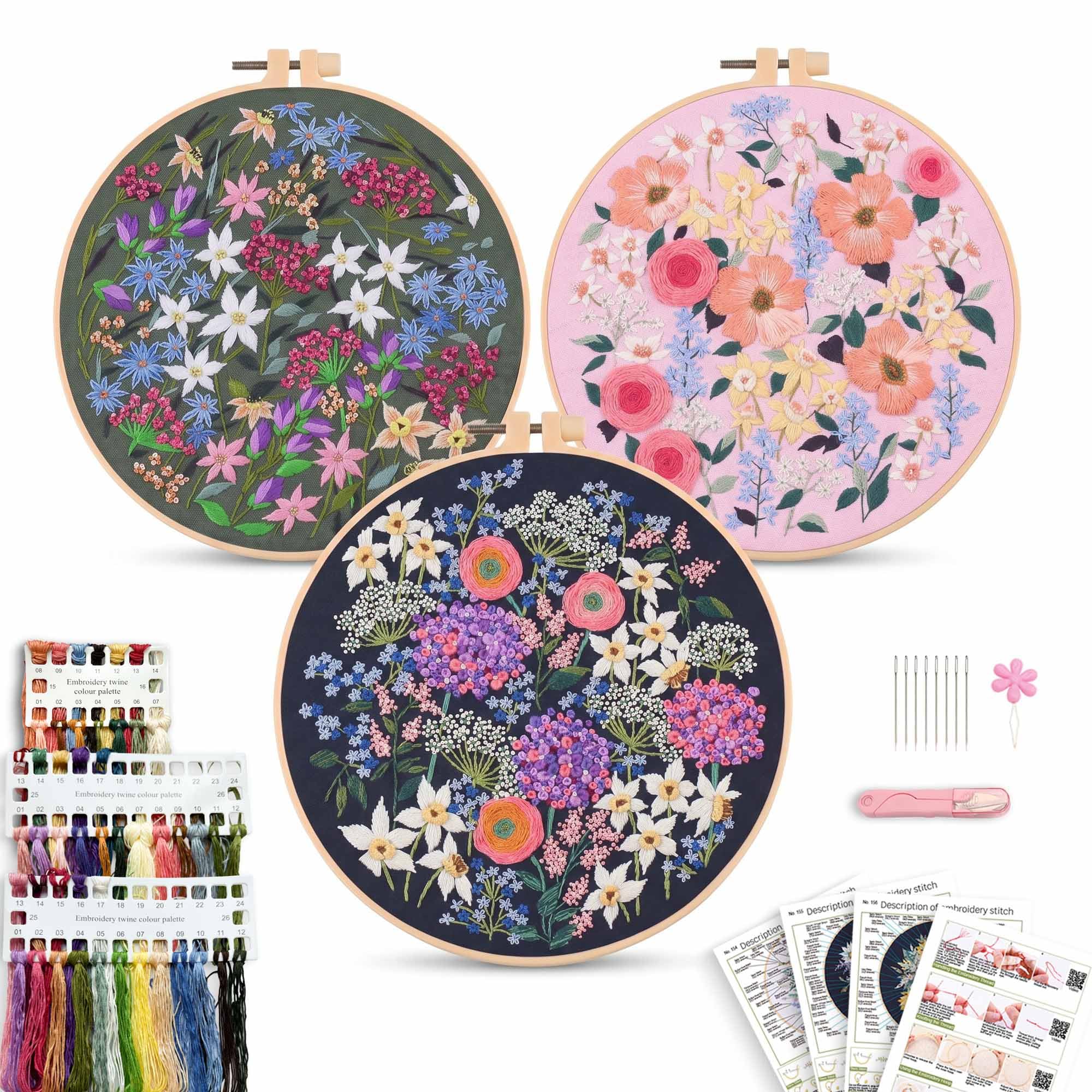 REEWISLY S162+164+165 3pcs Embroidery Starter kit with Patterns and Instructions, DIY Adult Cross Stitch Kits Beginner, Including 3 Plastic Embroidery Rings, 1 Scissors, Colored Threads and Needles