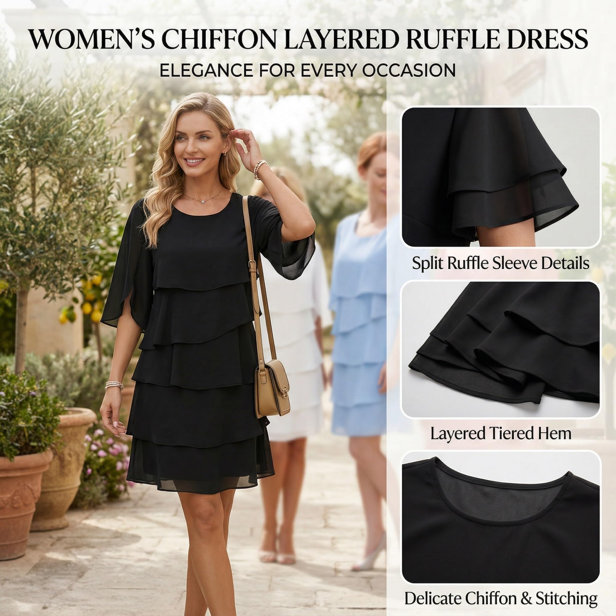 Abito in Chiffon Donna Elegante Midi con Volant, Vestito a Strati Manica a Campana 3/4, Abito Fluido per Invitata a Matrimonio Cocktail Cerimonia e Feste