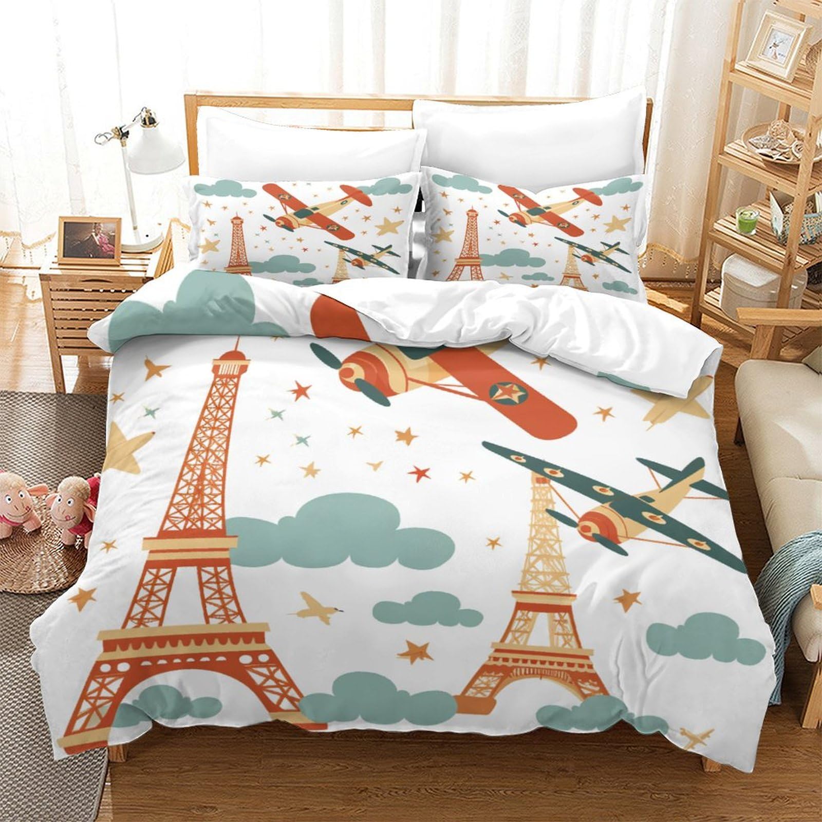 P1s9u7w5y Aircraft-4 3D Printed Vintage Airplane Paris Landmark Duvet Cover Set 3Pcs Microfiber Cloud Paris Bedding Set King（220X240cm）