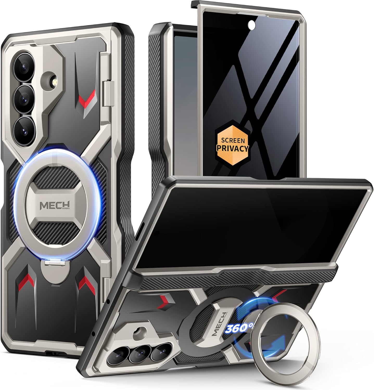 TONGATE 360° Spin Magnetic Stand for Z Fold 7 Case with Privacy Screen Protector, [Compatible with Magsafe] [Anti Spy] [360° Ring Holder] Full-Body Shockproof Case for Samsung Galaxy Z Fold 7, Tigray Privacy TiGray Z Fold 7 Case with 360° Spin Magnetic Ri