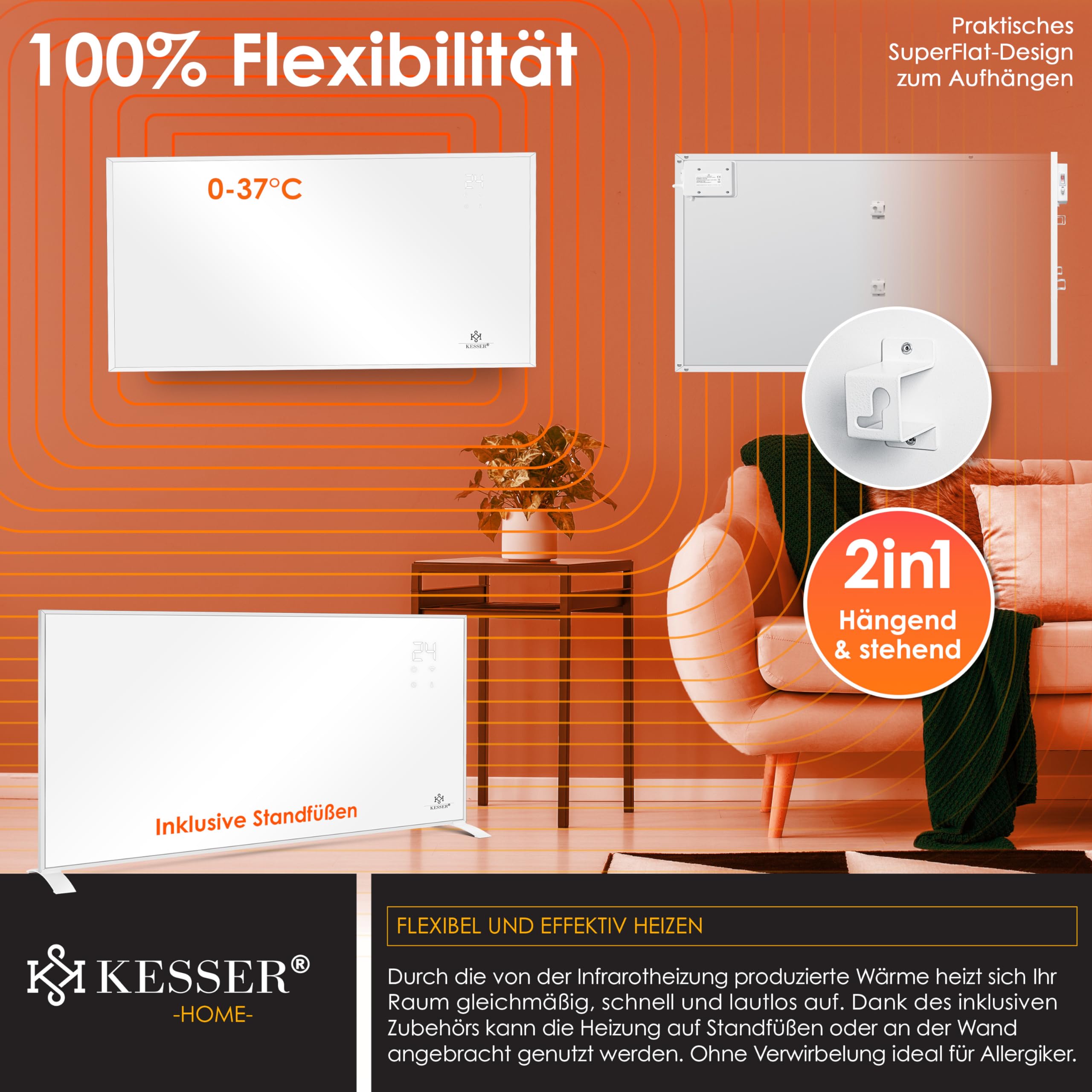 KESSER® Riscaldamento a infrarossi a risparmio energetico, dispositivo a infrarossi e montaggio a parete, riscaldamento elettrico, 700 W, con telecomando, termostato e controllo app, pannello di