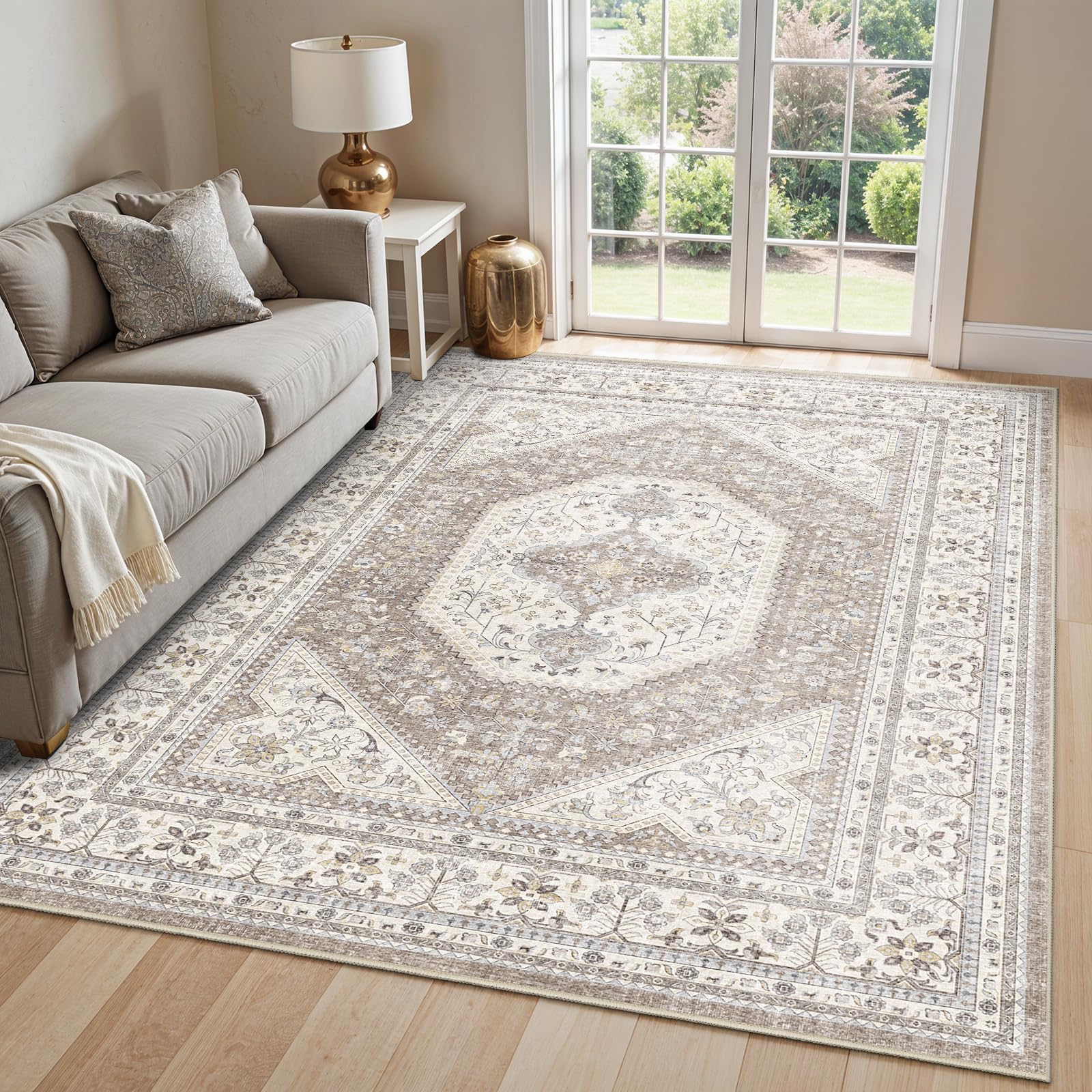 Ksrau Washable 5x7 Area Rug - Large Rug for Living Room Stain Resistant Low Pile Carpet Vintage Oriental Rug for Bedroom with Non Slip Backing Home