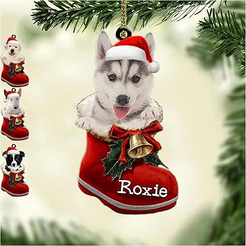 Miniatura 9 de Nazenti Adorno personalizado para perro, adorno de Navidad Chow-Chow en bota de Papá Noel, adorno de plástico plano 2D Chow-Chow para perro, regalo