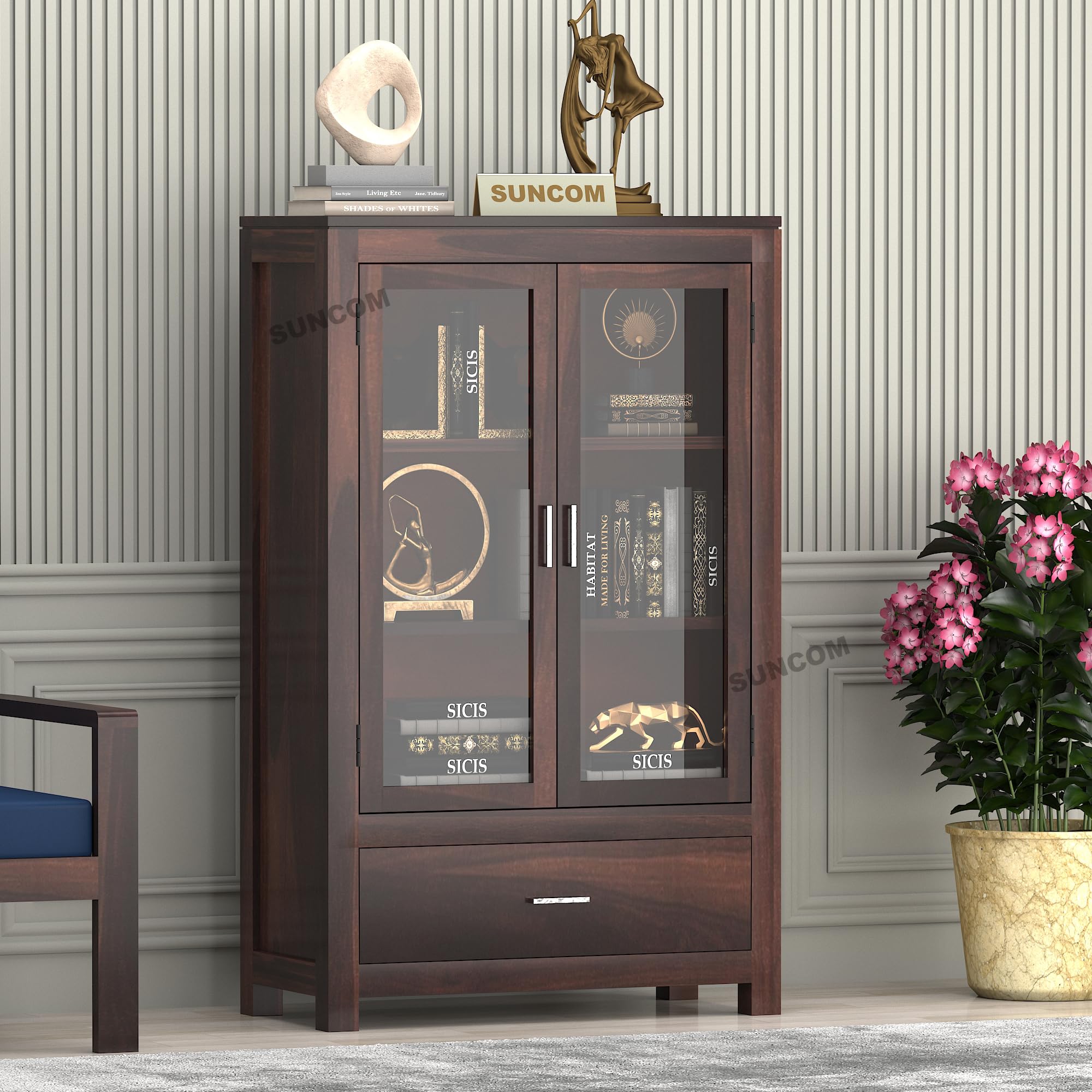 Sheesham Wood Book Shelf for Home Library - Bookshelf with Glass Door & Drawers Storage - Kitchen Crockery Cabinet, Almirah, Study Room Furniture Books Rack, Book Stand (Walnut Finish)-image-13