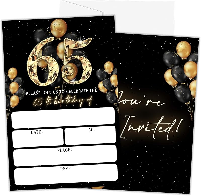Gold 65th Birthday Invitations, Adult Party Invite Cards - B05 | 25 Pack with Envelopes | Black Gold Guest Invite Cards for Adult Birthday Parties And Celebration Planning