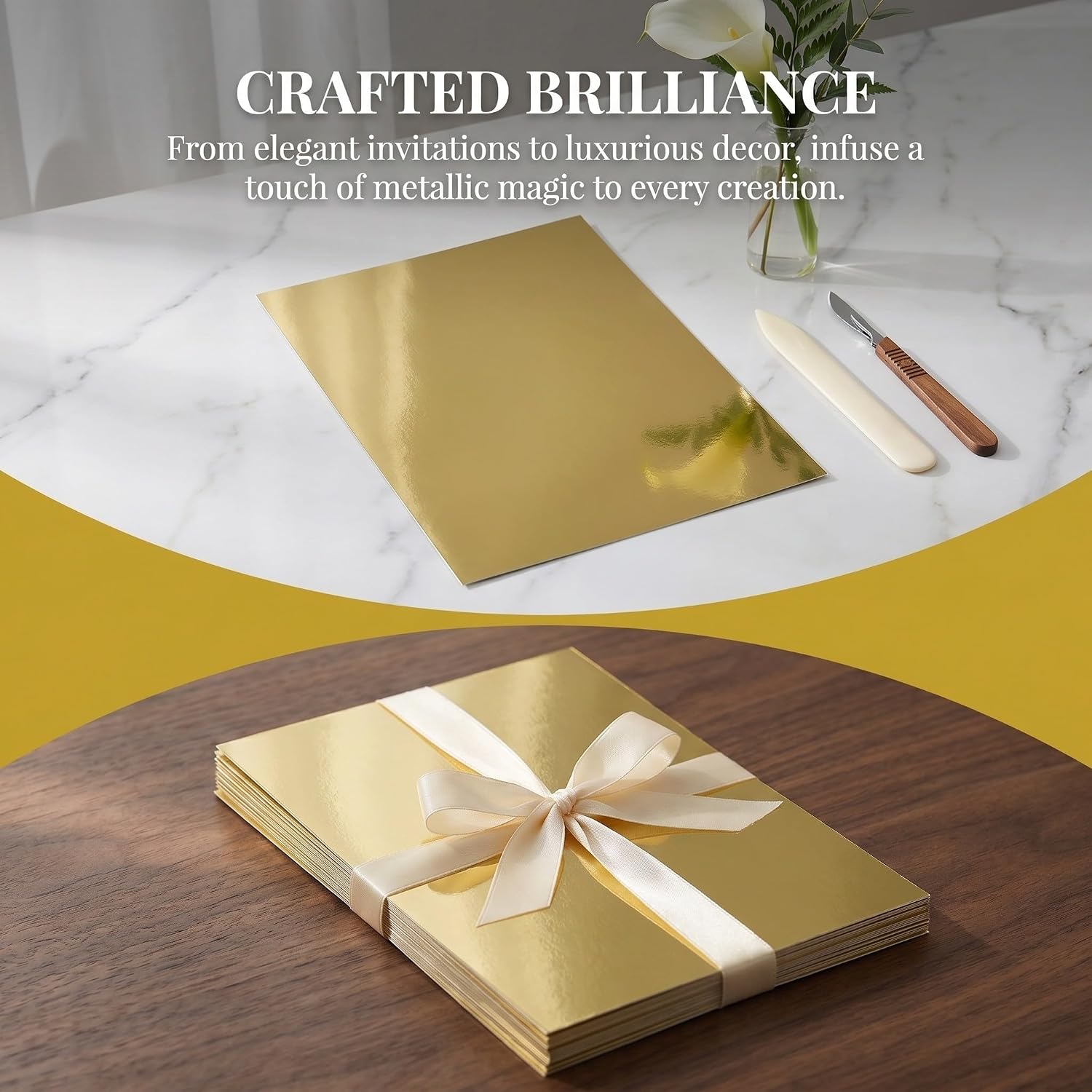 FRCOLOR 30 Sheets Golden Metallic Mirror Cardstock Paper for Crafting and Event Stationery, A4 Size, Smooth Writing Base with Reflective Metallic Coating and Dual-sided Mirror Finish