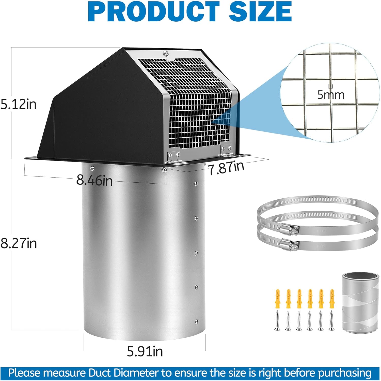 6 Inch Hooded Wall Vent with Screen and Damper, Outdoor Wall Exhaust Vent Cover for Kitchen Range Air Exhaust Hood Dryer Ventilation Outside No Noise, Galvanized Steel, Black