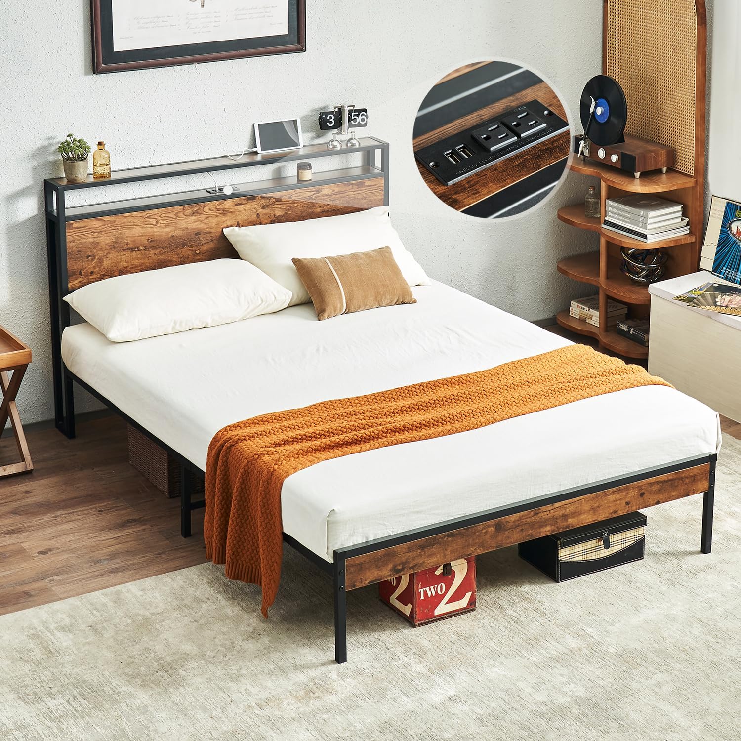 Virabit Full Bed Frame with Headboard, Bed Frame Full Size with Charging Station, No Box Spring Needed (Brown)